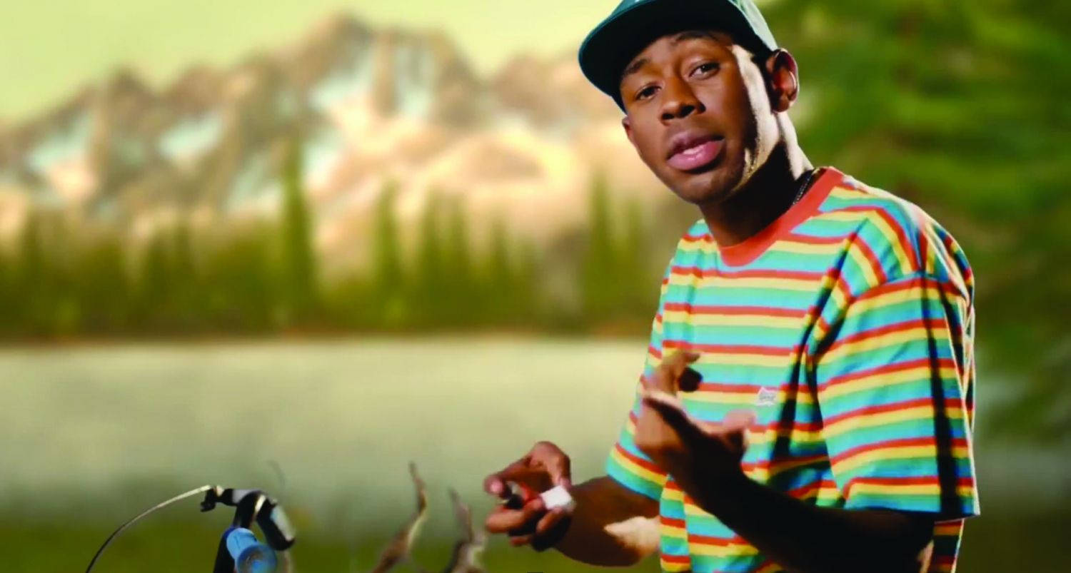 tyler 桌布 壁紙 — 一名身穿彩色條紋襯衫和帽子的男子站在湖邊，背景有山脈，正在做手勢。