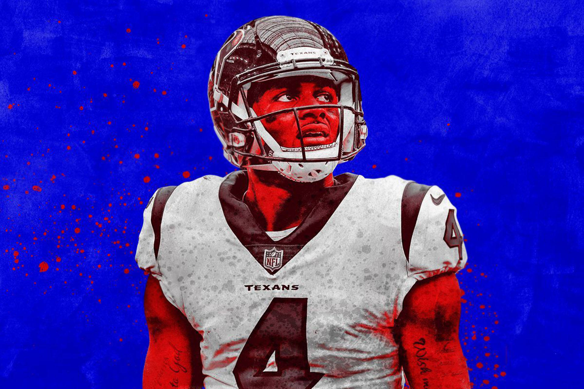 Deshaun Watson 桌布 壁紙 — 一名身穿德州人隊球衣的足球運動員站在充滿活力的藍色背景前，帶有紅色潑濺。