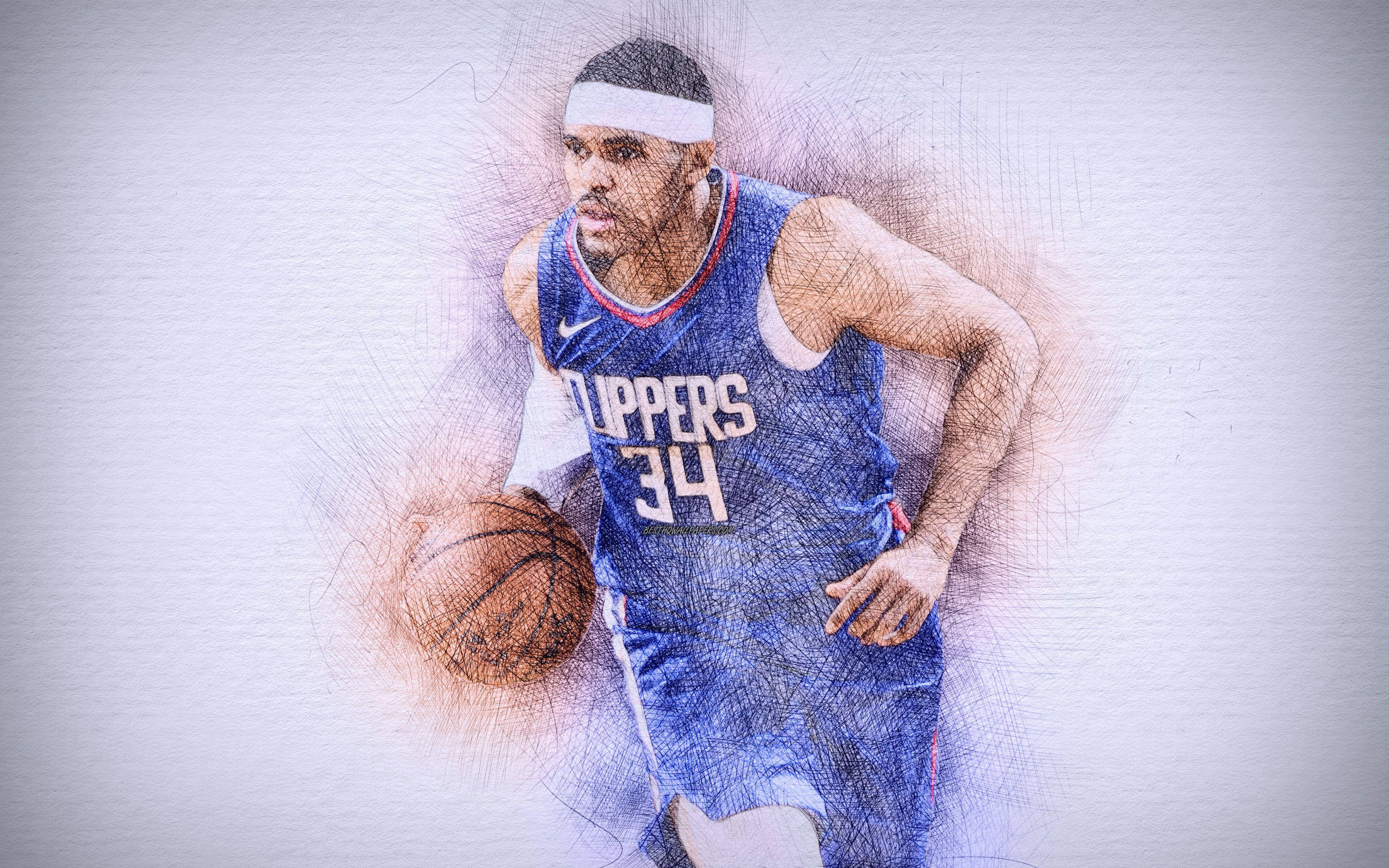 NBA 桌布 壁紙 — 一名身穿快艇隊球衣的籃球運動員，在紋理素描風格背景前，專注地運球。