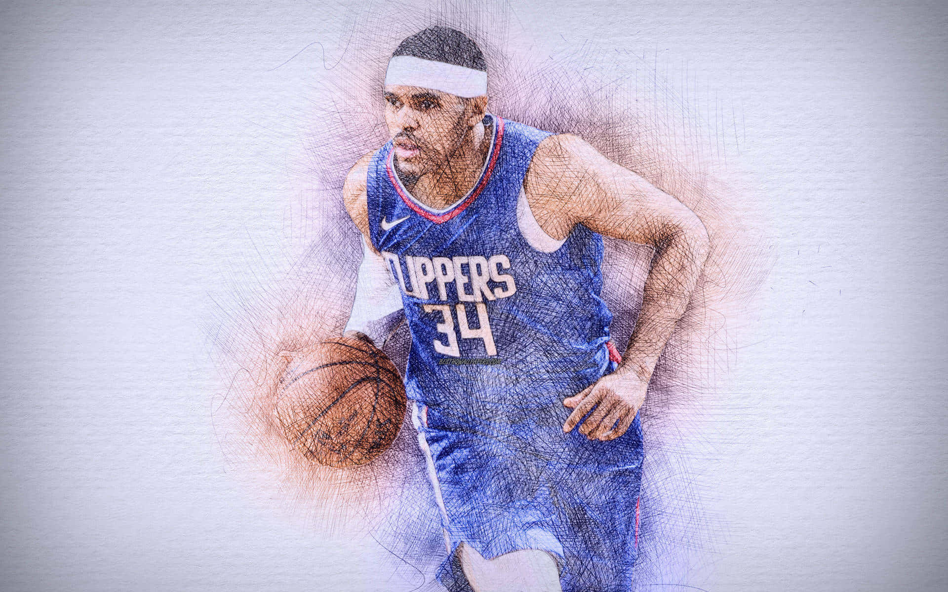 NBA 桌布 壁紙 — 一名身穿快艇隊球衣的籃球運動員，在帶有紋理的素描風格背景前，專注地運球。