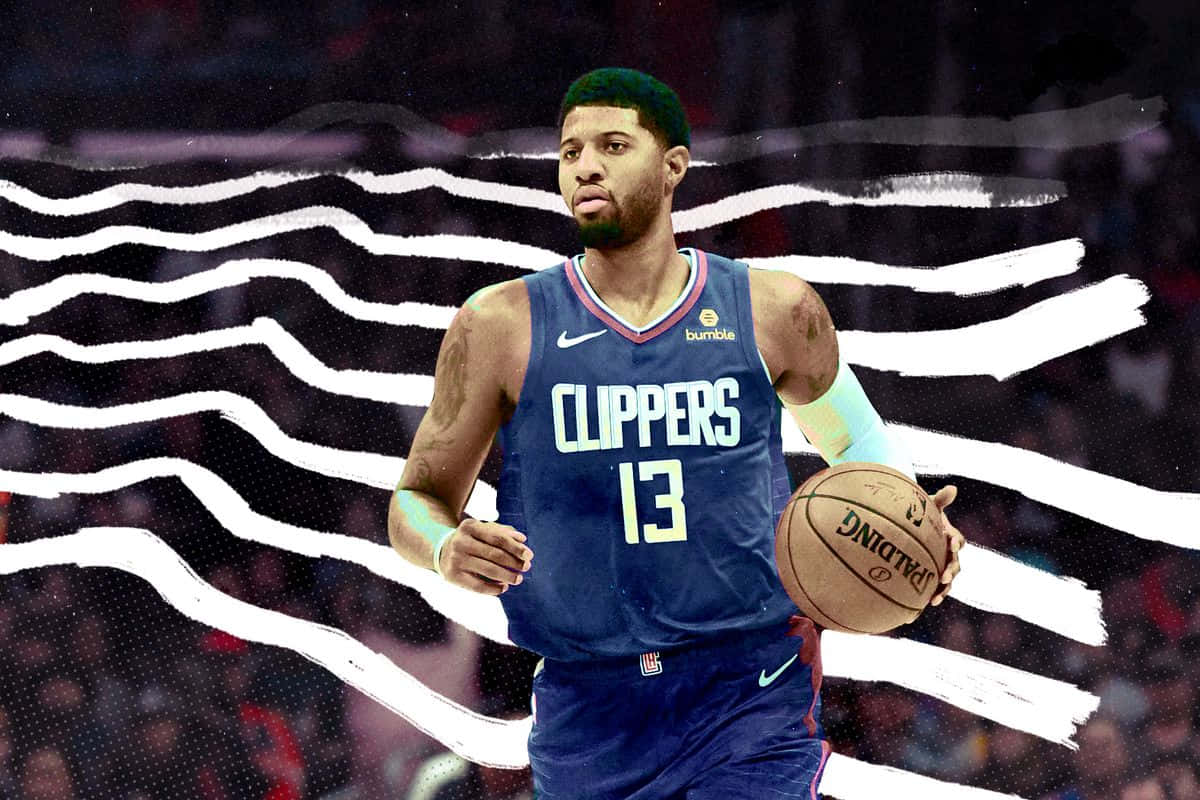 Paul George Clippers 桌布 壁紙 — 一名身穿快艇隊球衣的籃球運動員在醒目的黑白波浪背景前運球。