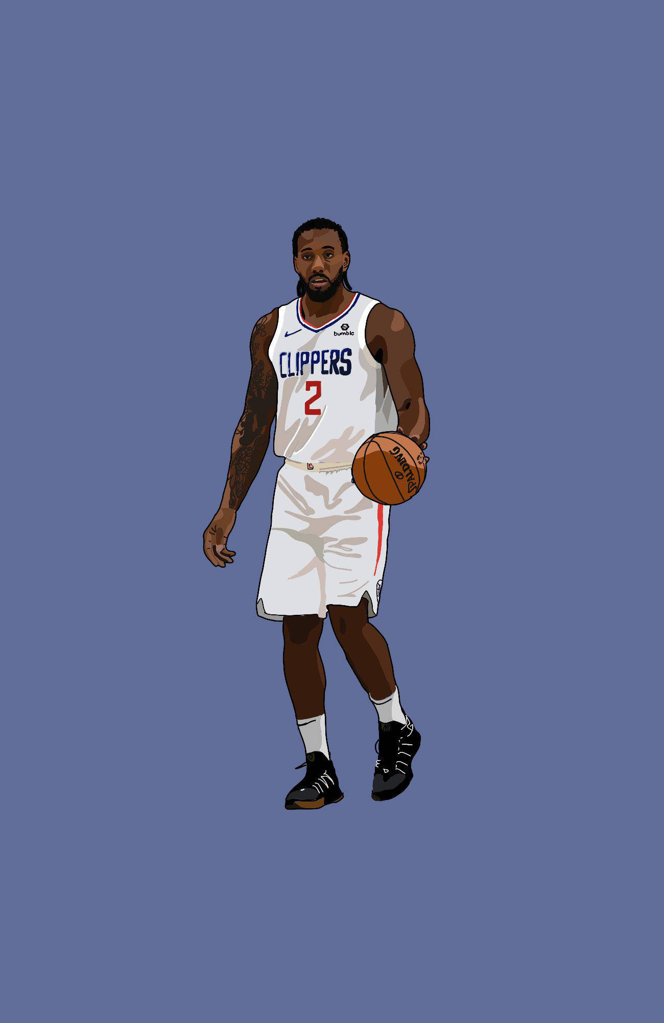 Kawhi 桌布 壁紙 — 一名身穿快艇隊球衣的籃球運動員在純藍色背景前持球。