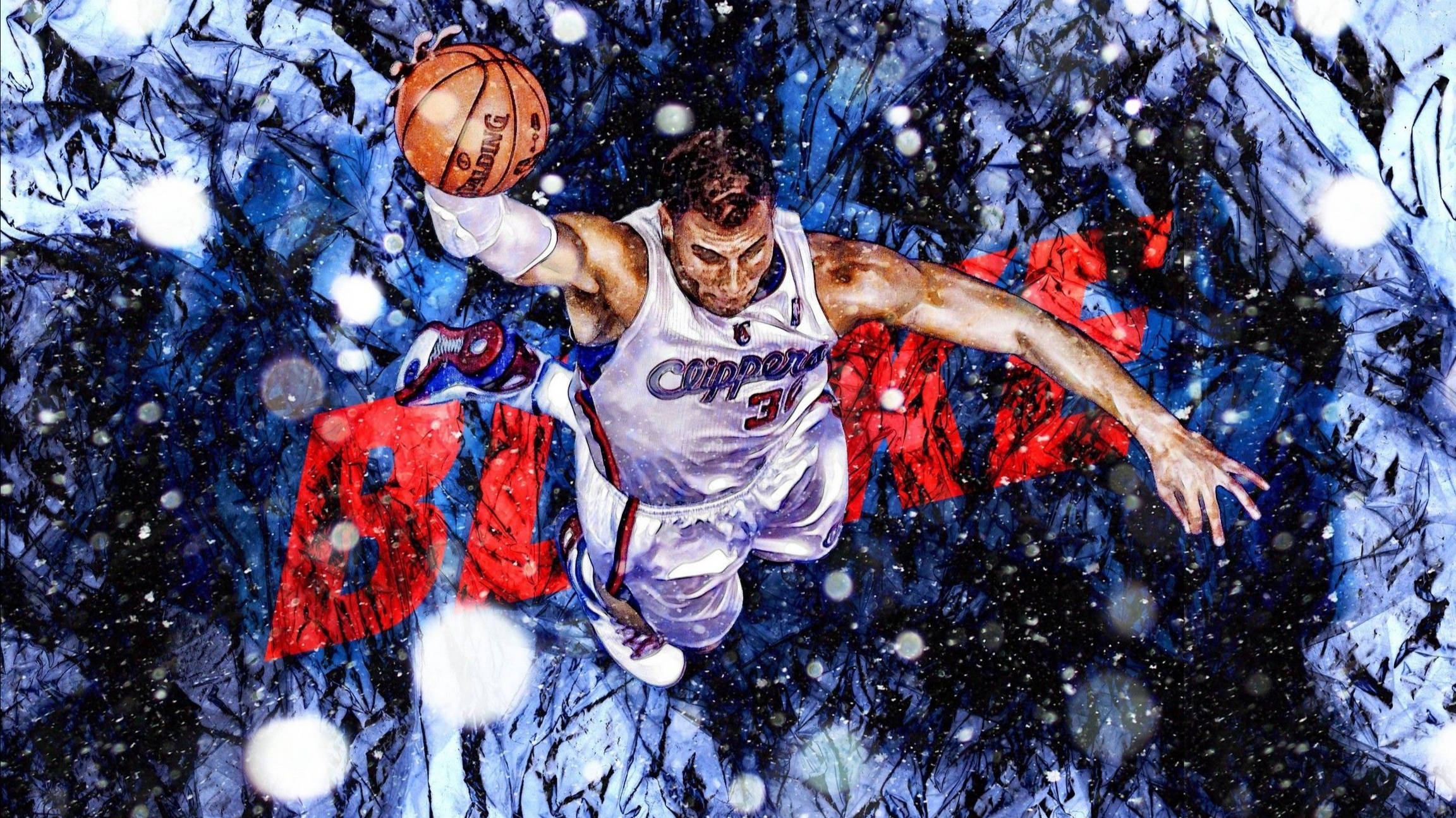NBA 桌布 壁紙 — 一名身穿快艇隊球衣的籃球運動員在雪白抽象背景和粗體紅色字樣的襯托下動態跳躍。