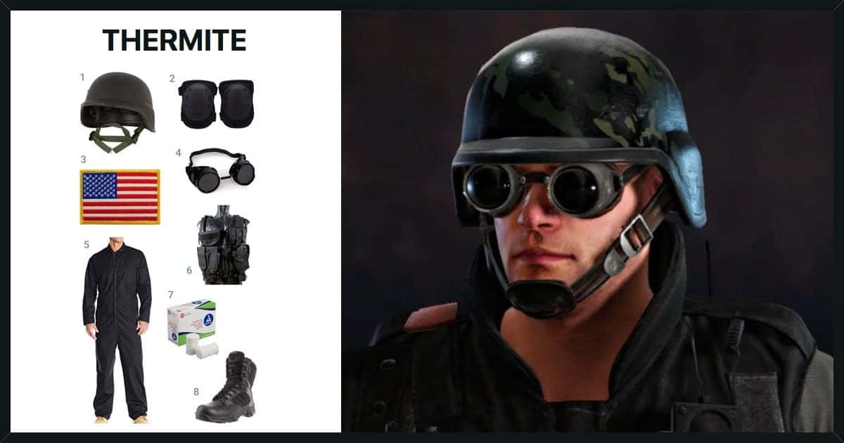 Rainbow Six Siege Thermite 桌布 壁紙 — 一名身穿戰術裝備（包括頭盔護目鏡和背心）的士兵站在一份熱劑裝備清單旁，清單包括頭盔、護膝、護目鏡、旗幟、連身衣、箱子和靴子。