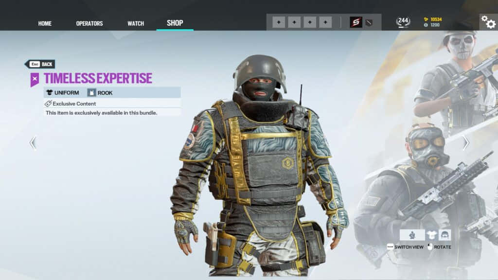 Rainbow Six Siege Rook 桌布 壁紙 — 一名身穿戰術裝備、帶有金色點綴的士兵在遊戲商店介面中突出顯示，展示「Timeless Expertise」制服。