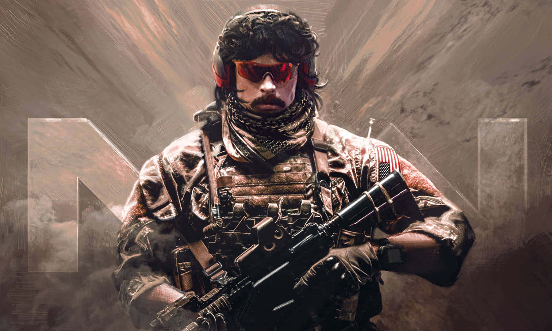 Gamer 桌布 壁紙 — 一名身穿戰術裝備、戴紅色護目鏡、持步槍的士兵，站在煙霧瀰漫的戰場環境中。