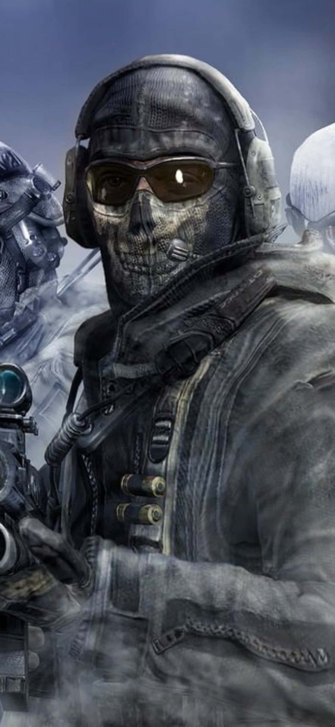 iPhone Xs Counter-strike Global Offensive 桌布 壁紙 — 一名身穿戰術裝備、戴著骷髏面具和護目鏡的士兵在雪地戰場上準備就緒。