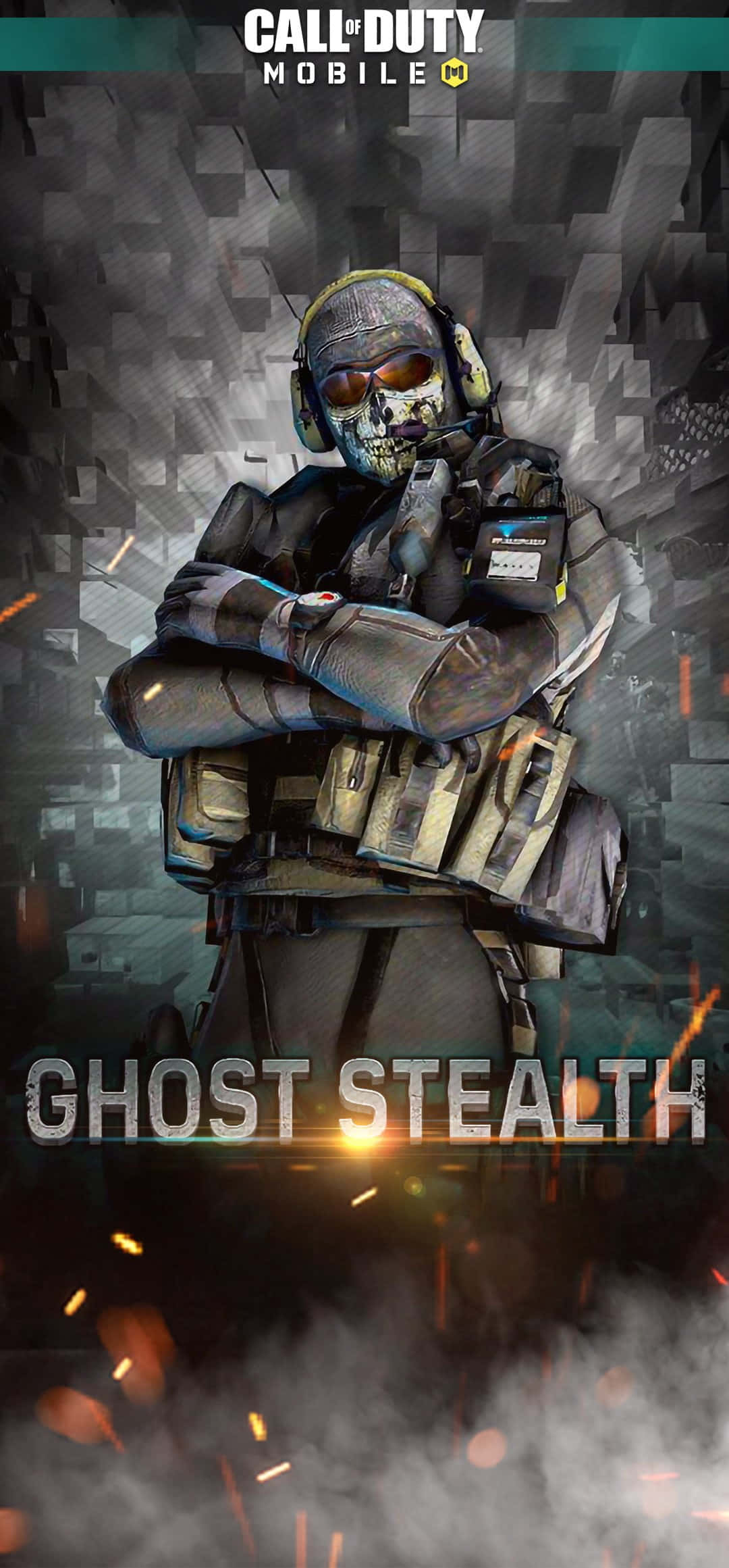 Cod Mobile Character Skins 桌布 壁紙 — 一名身穿戰術裝備、戴著骷髏面具的士兵，在煙霧與火花中自信地站立於陰暗的數位戰場上。