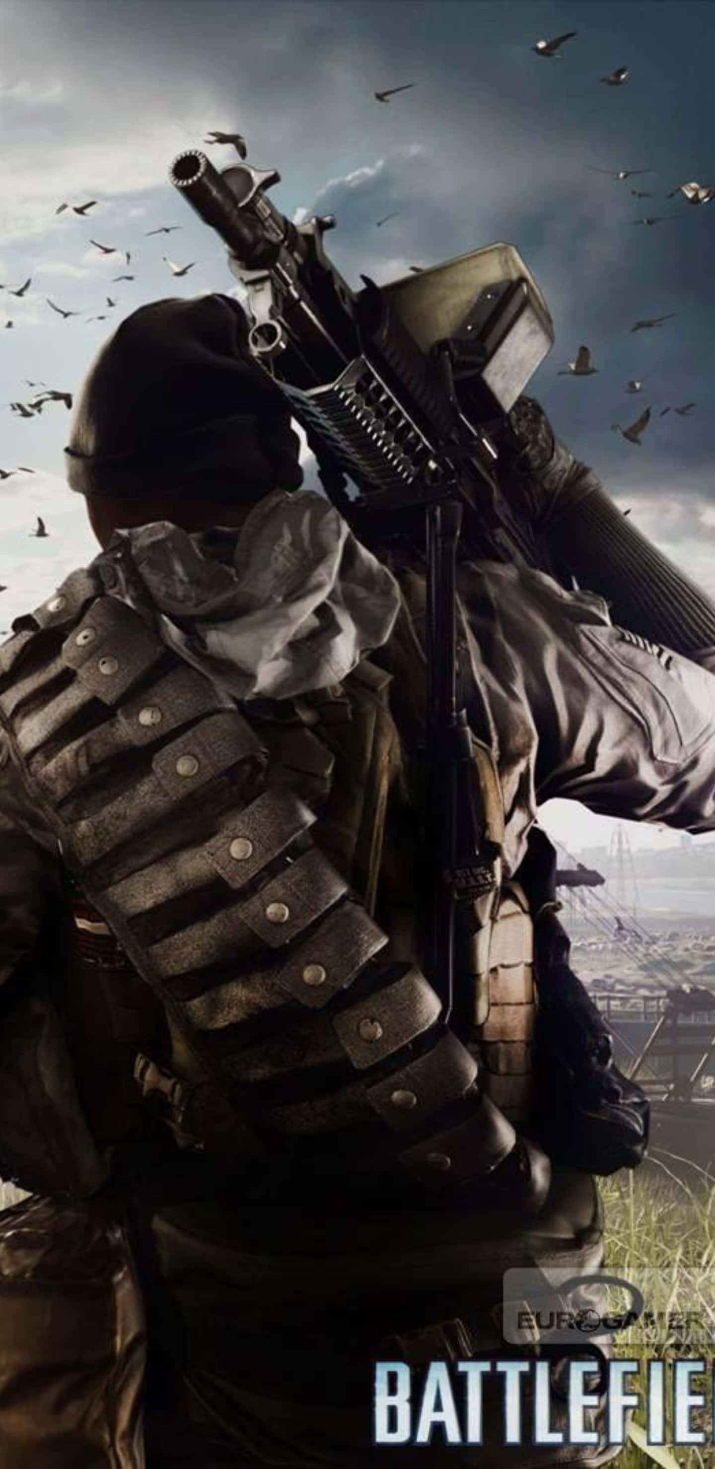 Pixel 3xl Battlefield 4 桌布 壁紙 — 一名身穿戰術裝備、手持重型機槍的士兵，在鳥兒飛翔的多雲天空下，俯瞰著飽受戰爭蹂躪的戰場。