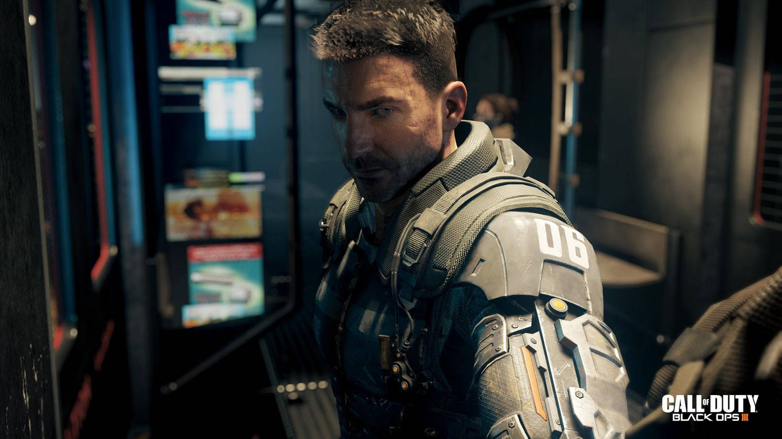 Call Of Duty Black Ops 3 桌布 壁紙 — 一名身穿戰術裝備、肩上帶有「06」的士兵站在燈光昏暗的未來風格走廊中，周圍是發光的螢幕。