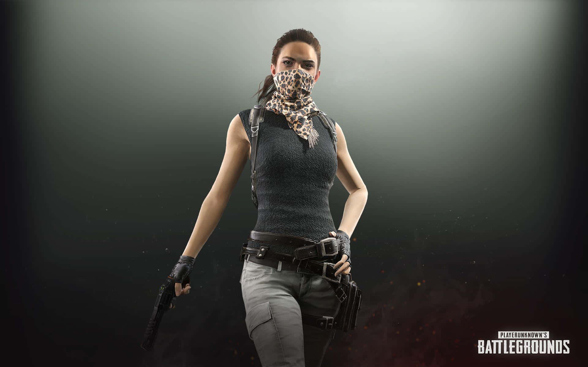 Playerunknowns Battleground Desktop 桌布 壁紙 — 一名身穿戰術裝備和豹紋面具的女兵，在深色漸變背景前手持手槍。