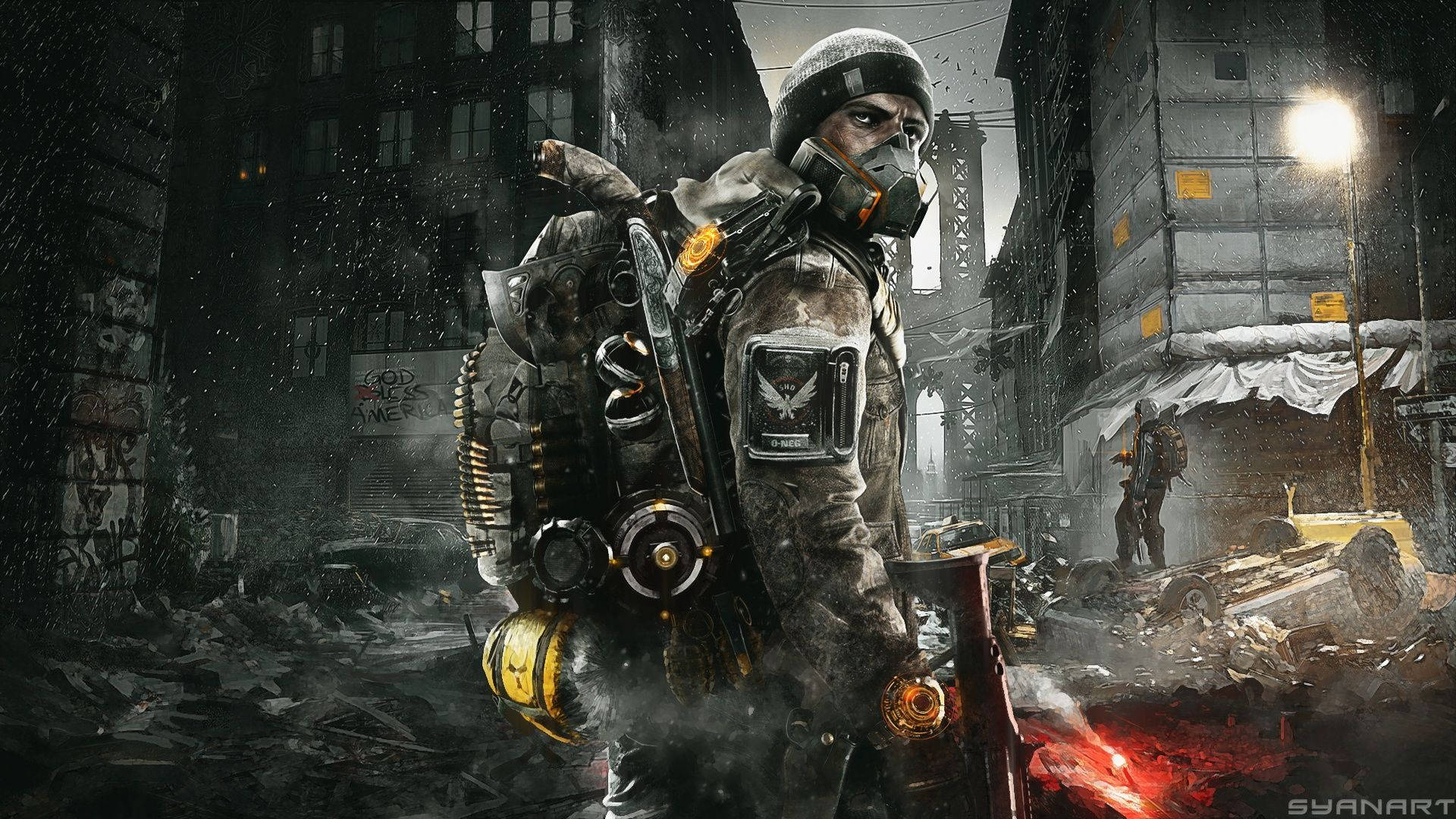 Division 桌布 壁紙 — 一名身穿戰術裝備和防毒面具的士兵站在被雨水浸透的廢墟城市街道上，手持發光的紅色武器。