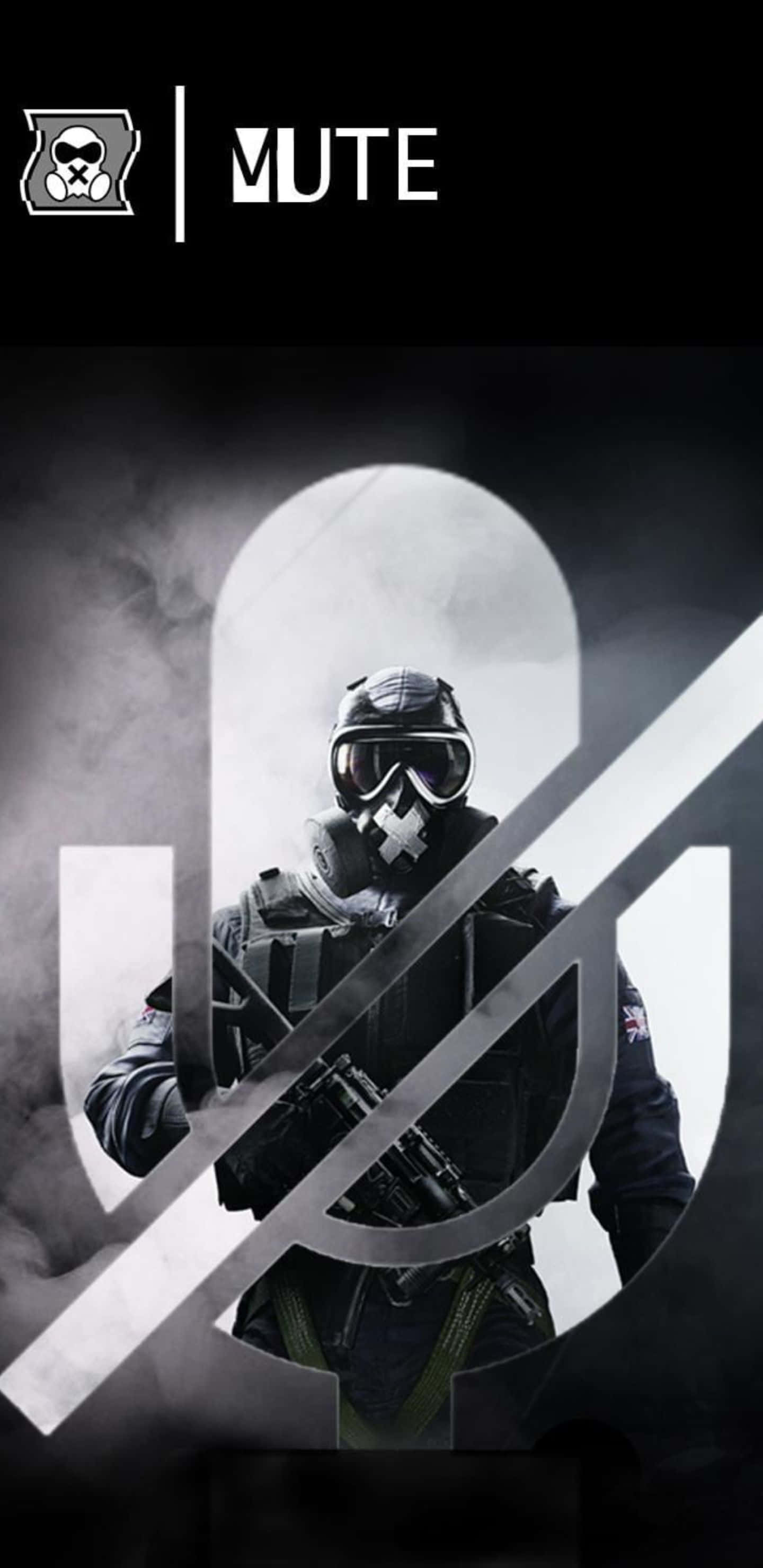 Pixel 3xl Rainbow Six Siege 桌布 壁紙 — 一名身穿戰術裝備和防毒面具的士兵站在一個大型啞色符號後面，背景是煙霧瀰漫的黑暗環境。