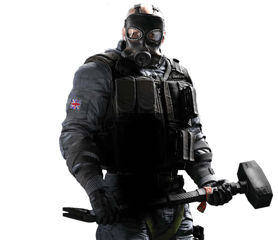 Rainbow Six Siege Sledge 桌布 壁紙 — 一名身穿戰術裝備和防毒面具的士兵，在純白背景下手持大錘。