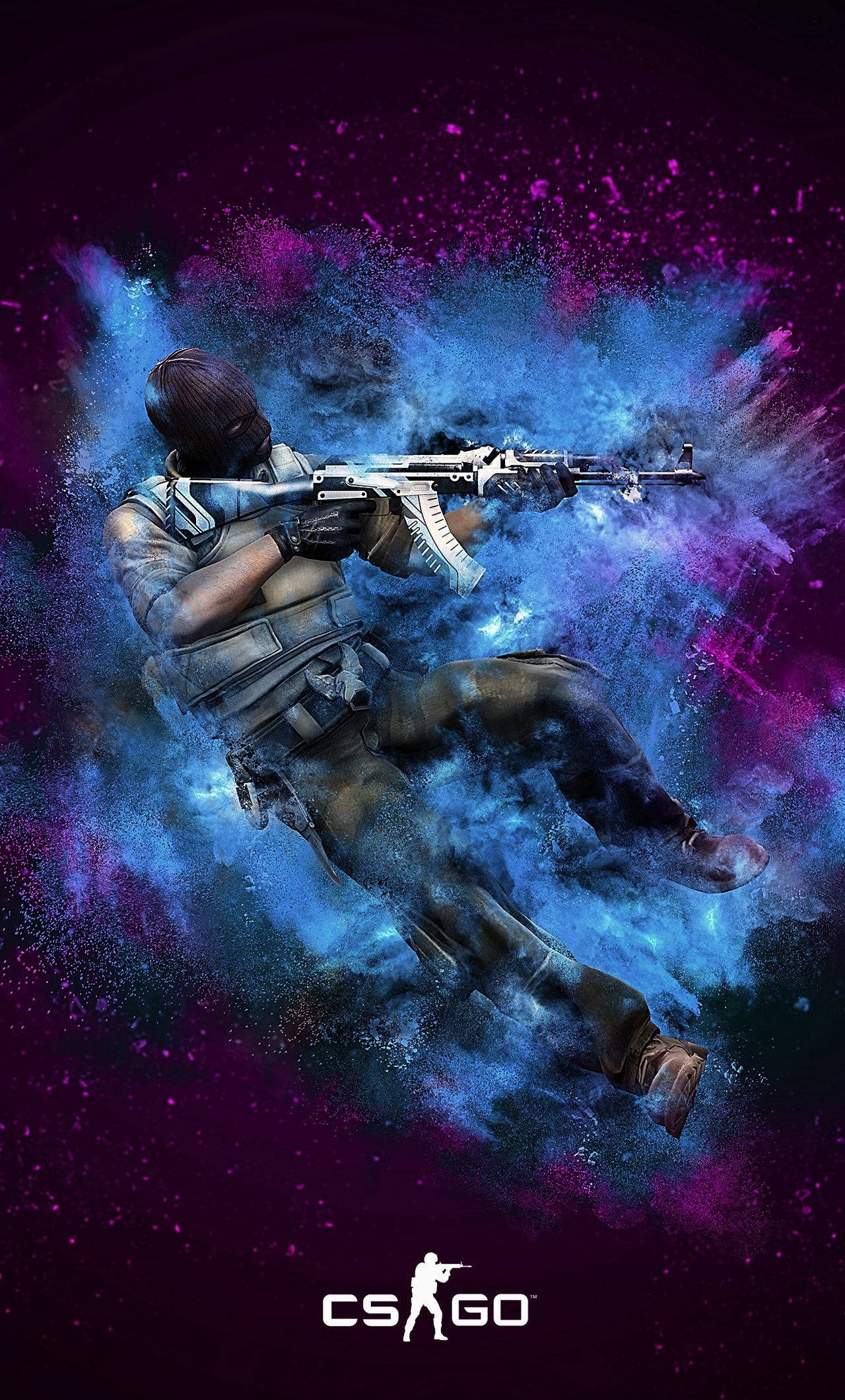 cs go iPhone 桌布 壁紙 — 一名身穿戰術裝備的CS:GO士兵在充滿活力的藍色和紫色宇宙爆炸中開火步槍。