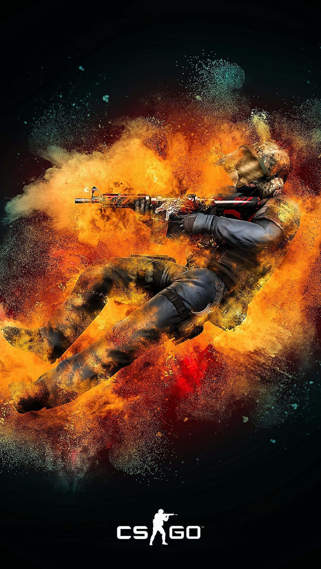 iPhone Xs Max Counter-strike Global Offensive 桌布 壁紙 — 一名身穿戰術裝備的CS:GO士兵在黑暗背景下，於帶有發光粒子的猛烈爆炸中發射步槍。
