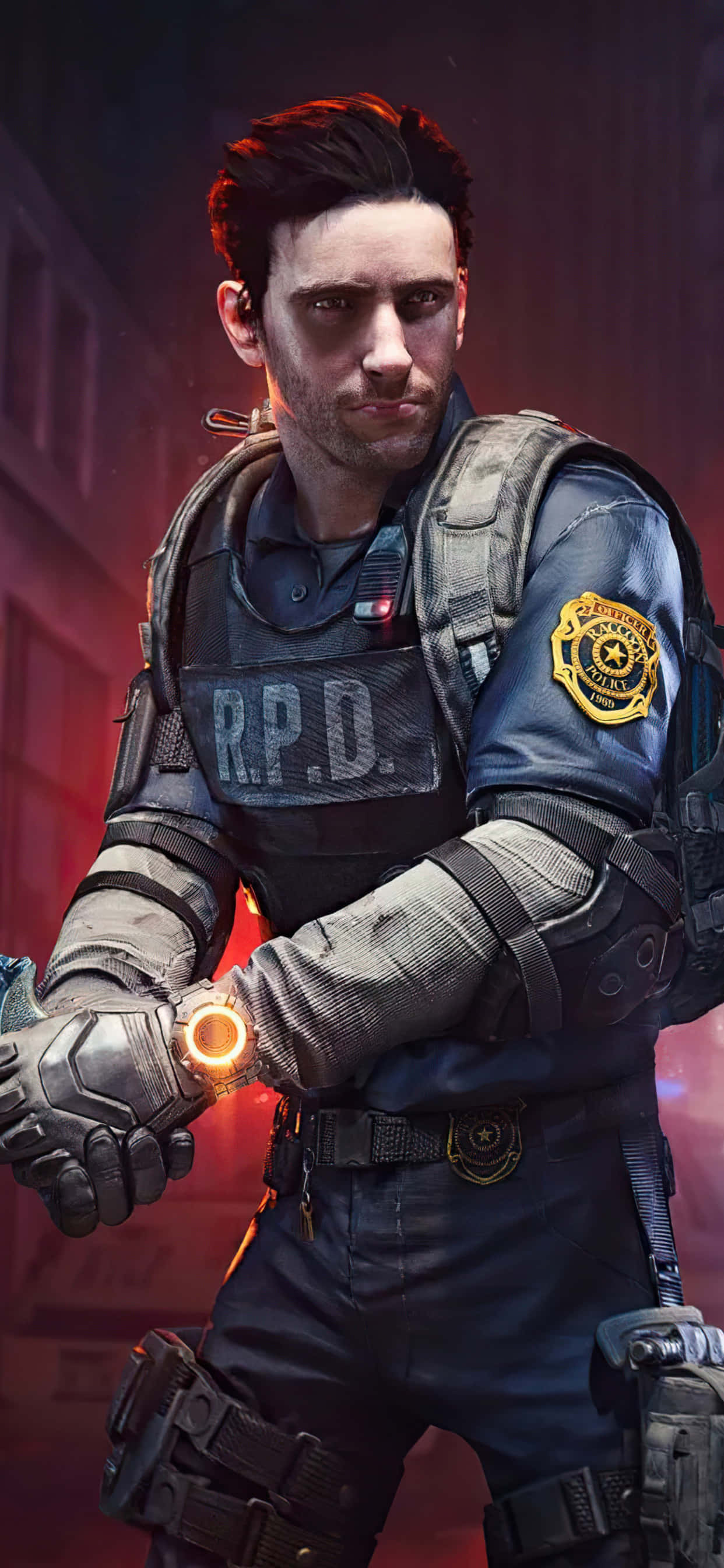 iPhone Xs Max The Division 桌布 壁紙 — 一名身穿戰術裝備的R.P.D.警員在煙霧瀰漫的城市背景下手持發光武器。