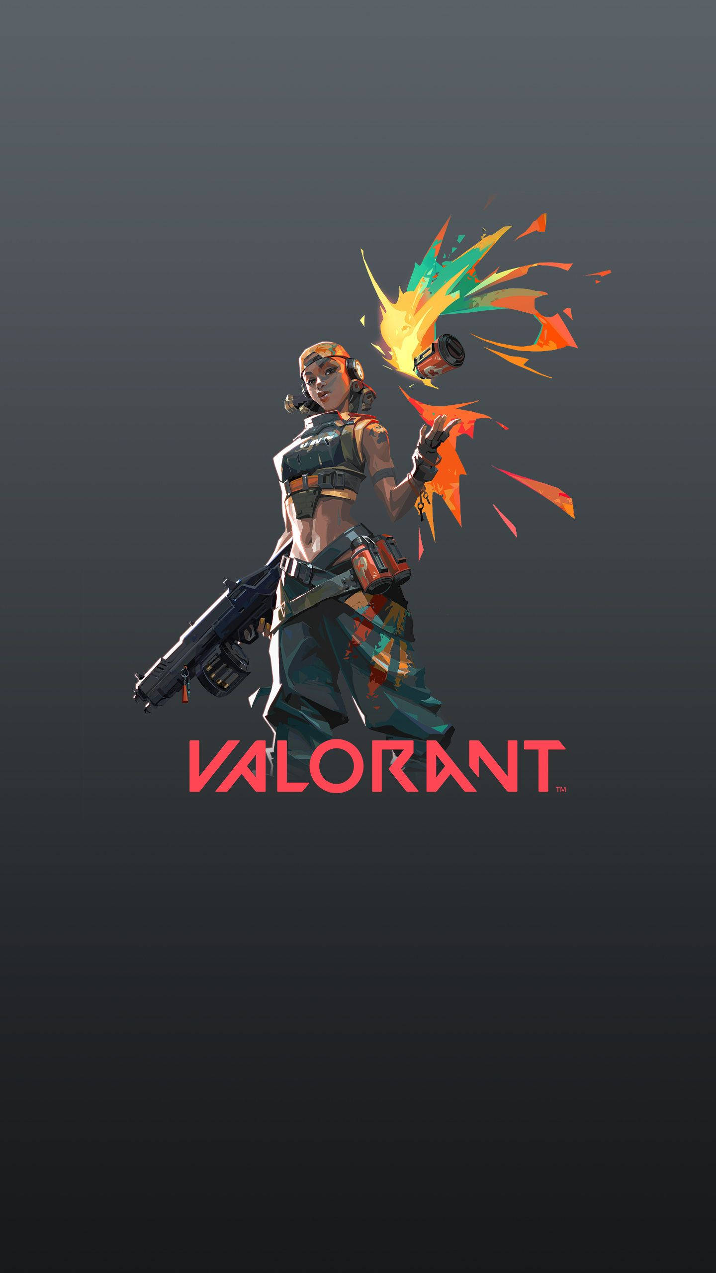 Valorant iPhone 壁紙 桌布 壁紙 — 一名身穿戰術裝備的Valorant角色，在深色漸變背景前發射色彩繽紛的爆炸性武器。