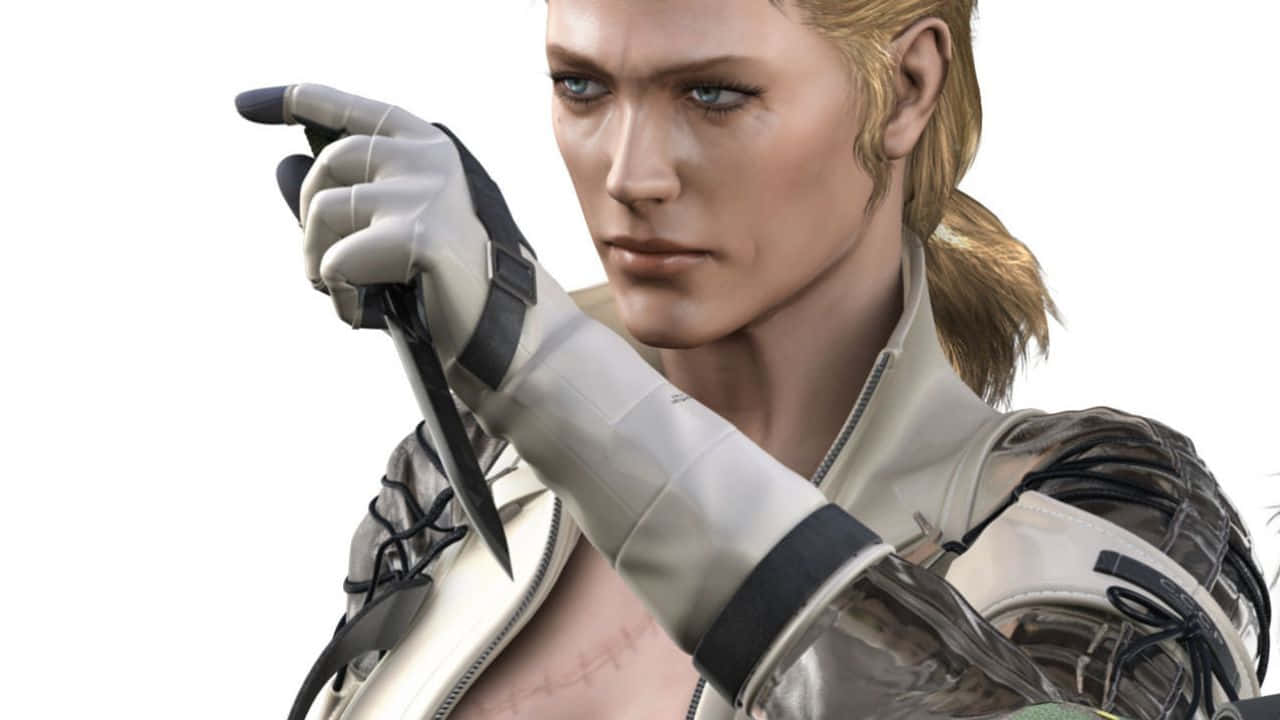 Metal Gear Solid Characters 桌布 壁紙 — 一名身穿戰術裝備的兇猛女戰士，在純白背景下專注地握著一把刀。