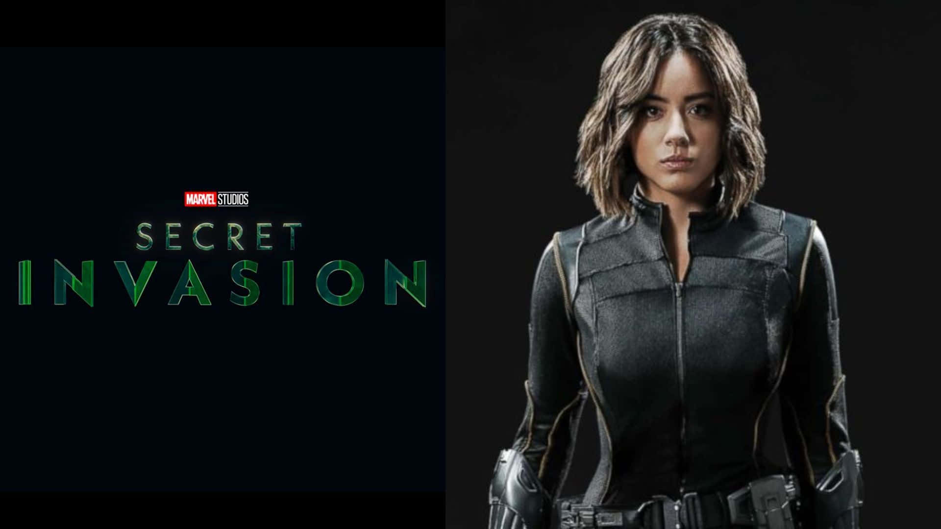 Secret Invasion 桌布 壁紙 — 一名身穿戰術裝備的兇猛女特工站在黑暗背景前，旁邊是發光的「Secret Invasion」標題。