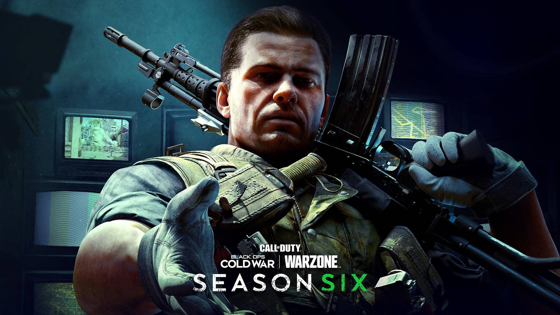 Cod 桌布 壁紙 — 一名身穿戰術裝備的嚴肅士兵在昏暗的藍色燈光下緊握步槍，背景中發光的顯示器閃爍。
