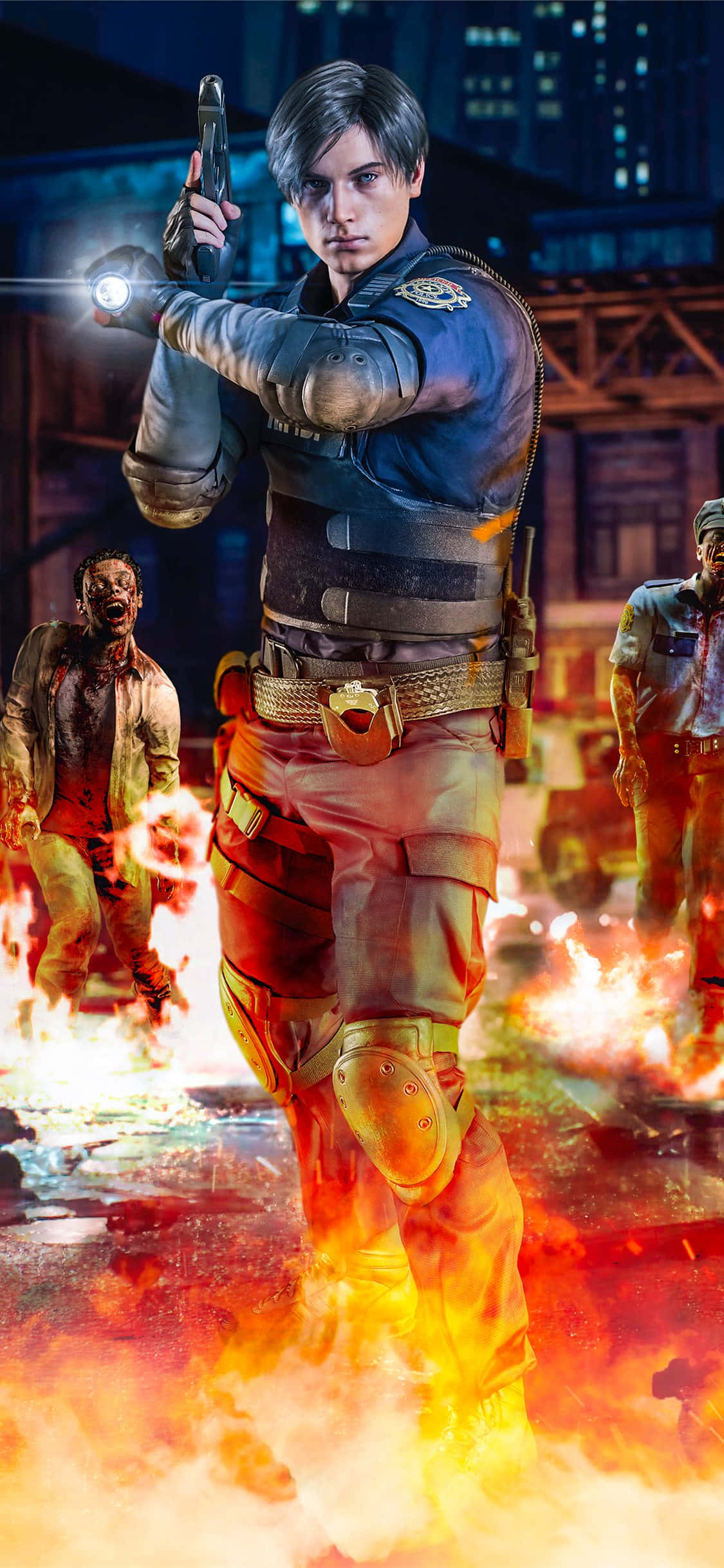 Resident Evil 桌布 壁紙 — 一名身穿戰術裝備的堅定士兵，在烈焰城市混亂中，用發光手槍瞄準逼近的殭屍。