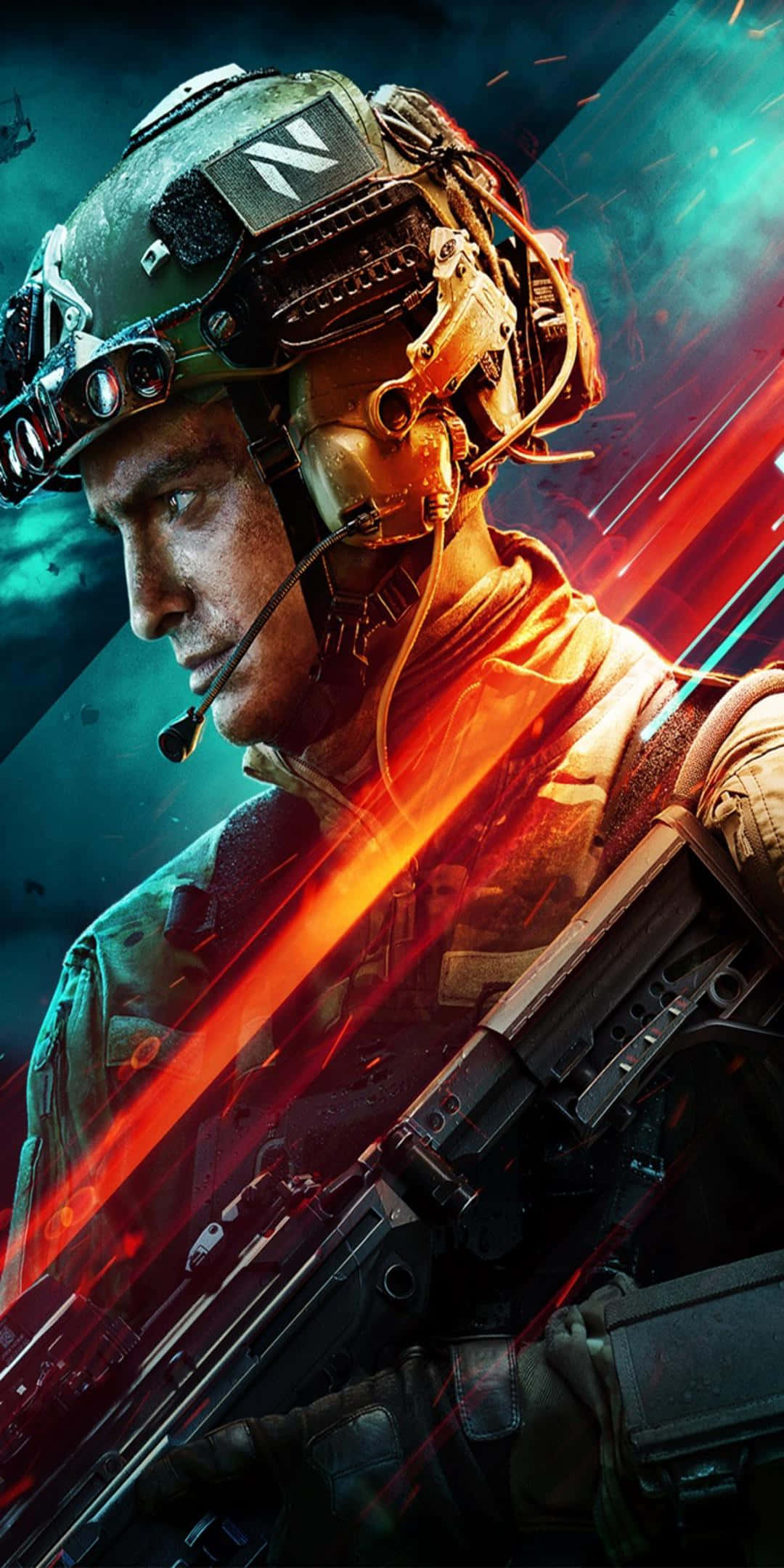 Pixel 3 Battlefield 3 桌布 壁紙 — 一名身穿戰術裝備的士兵，在充滿活力的紅色和藍綠色能量爆發背景下持步槍。