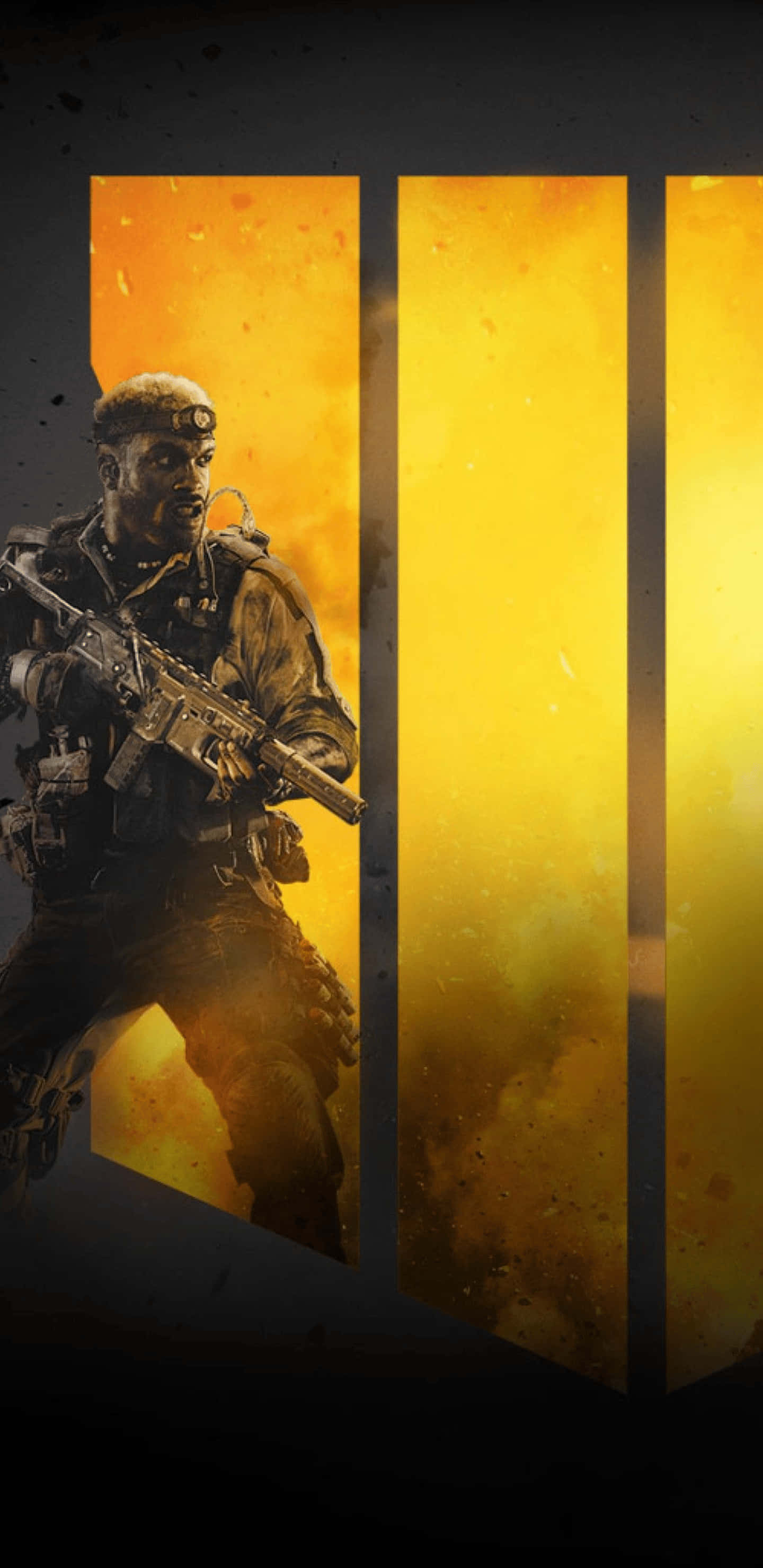 Pixel 3xl Call Of Duty Black Ops 4 桌布 壁紙 — 一名身穿戰術裝備的士兵，在帶有粗大垂直條紋的火熱金色背景前準備就緒。