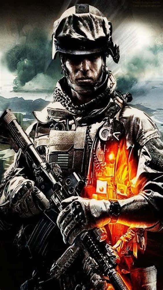 Pixel 3xl Battlefield V 桌布 壁紙 — 一名身穿戰術裝備的士兵，在暴風雨戰場背景下，手持步槍，胸口噴發出熾熱的橙色火焰。