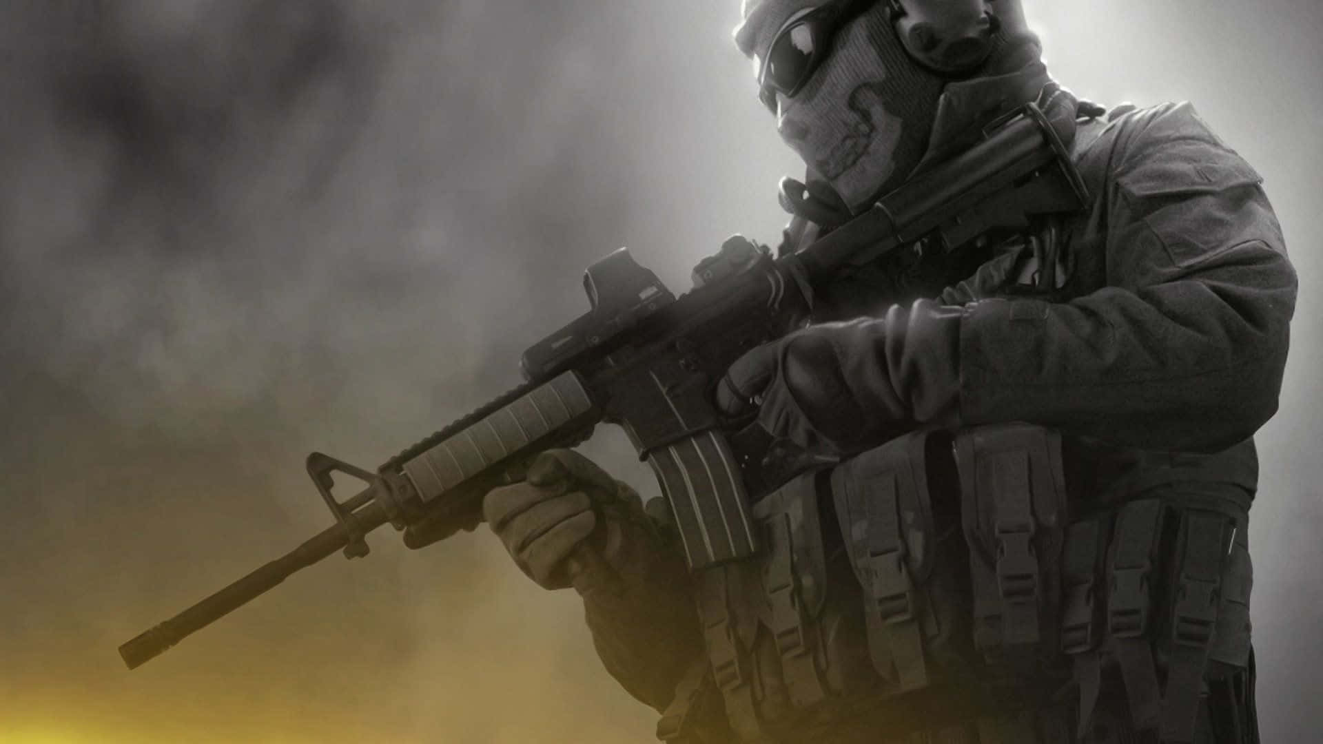 Call Of Duty Soldiers 桌布 壁紙 — 一名身穿戰術裝備的士兵，在煙霧瀰漫的戰場背景下，手持突擊步槍，背景散發著火熱的橙色光芒。