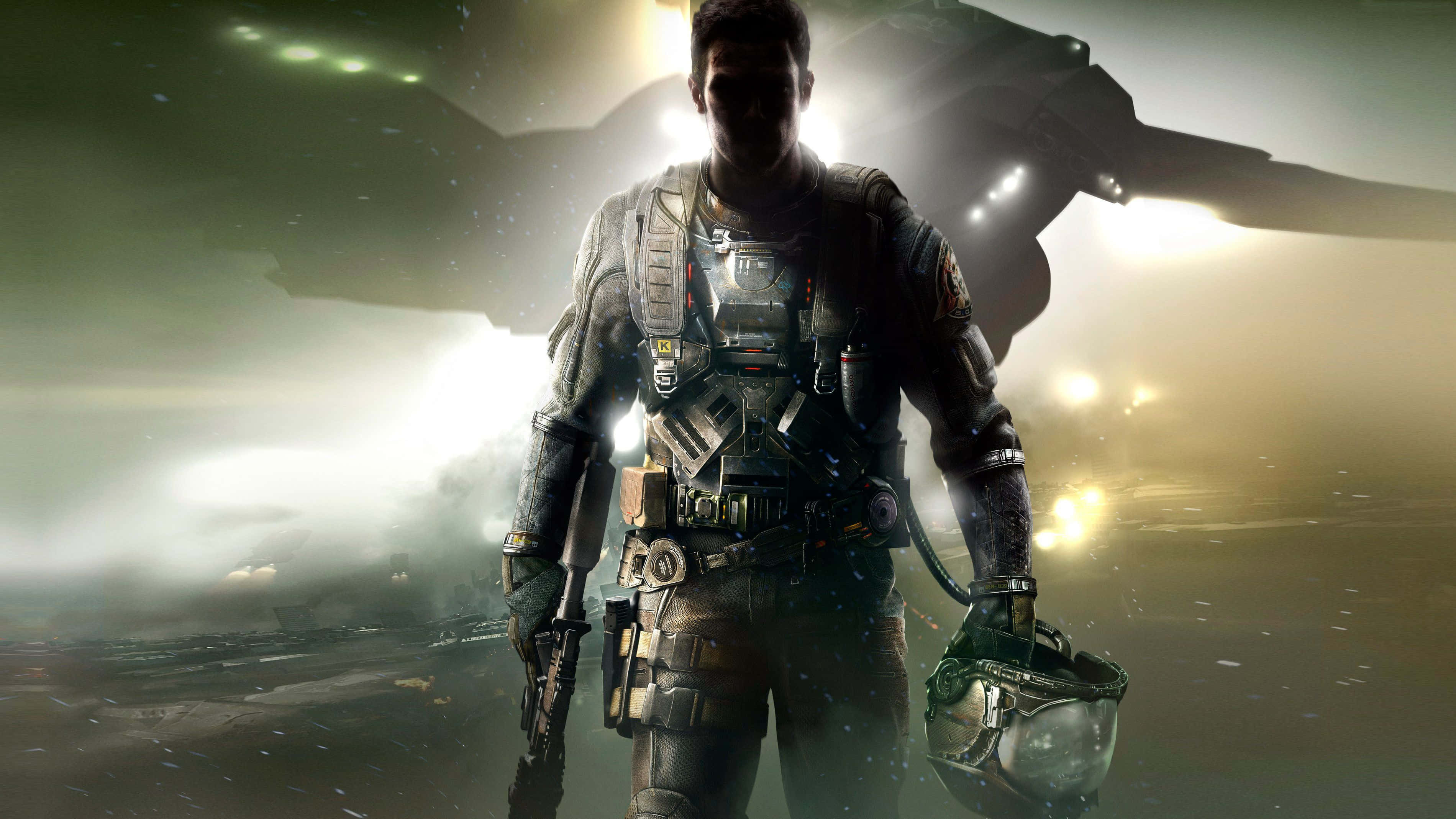 Call Of Duty Mw 桌布 壁紙 — 一名身穿戰術裝備的士兵，在發光的戰場背景下堅定站立，身後有戰鬥機的剪影。