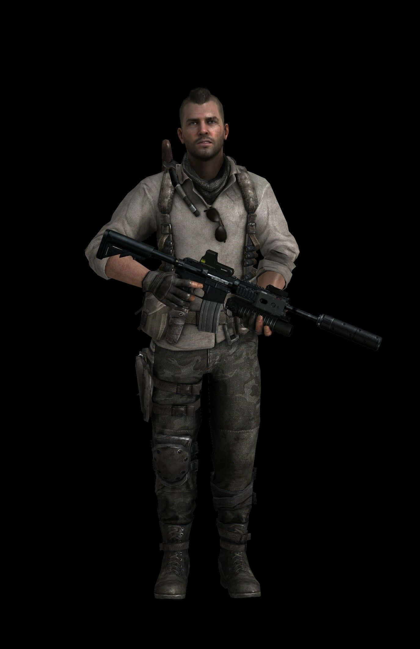 Soap Mactavish 桌布 壁紙 — 一名身穿戰術裝備的士兵，在純黑背景下專注地持步槍。