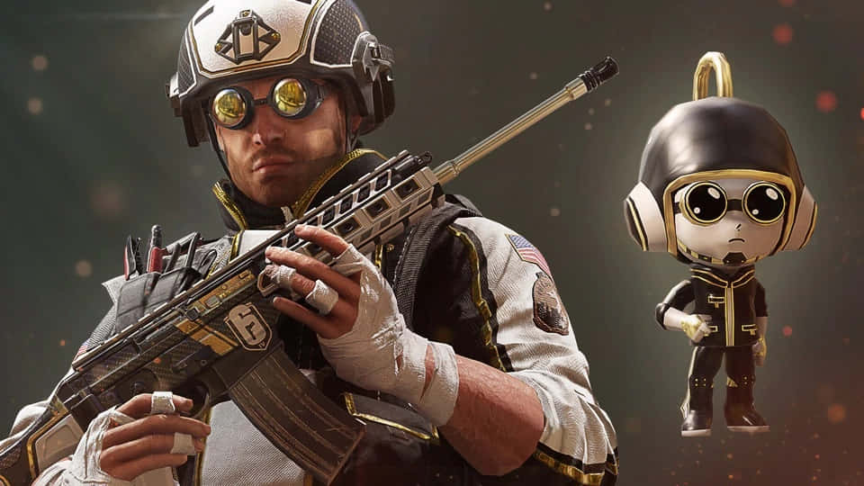 Rainbow Six Siege Thermite 桌布 壁紙 — 一名身穿戰術裝備的士兵，在黑暗散景背景前，與身穿相同裝備的Q版角色一起手持步槍。