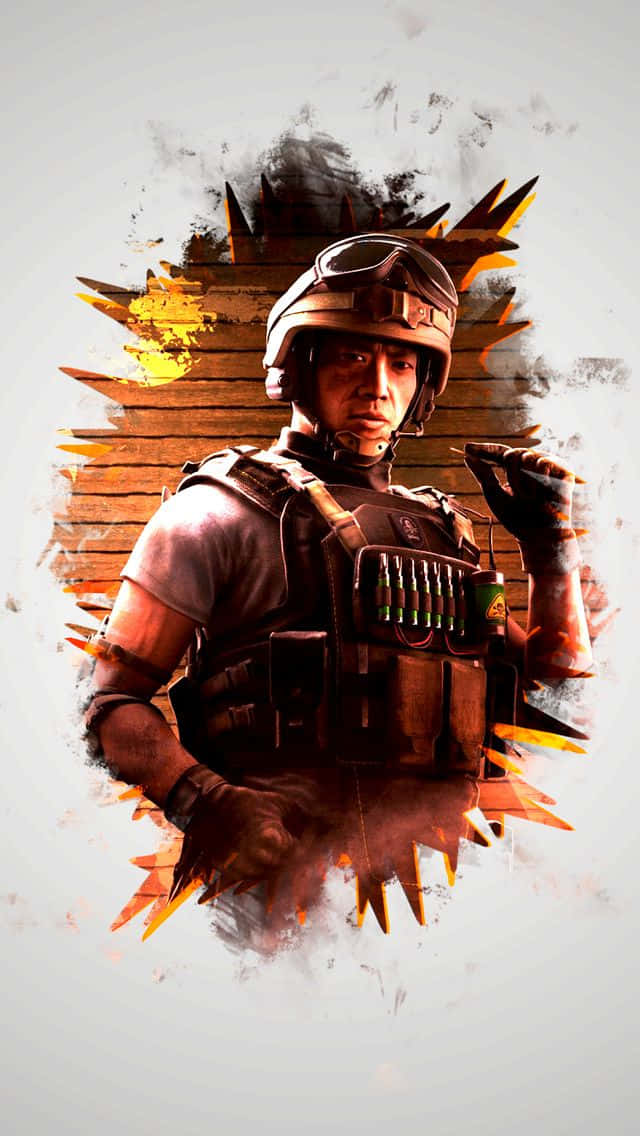 Rainbow Six Siege Lesion 桌布 壁紙 — 一名身穿戰術裝備的士兵，從風格化的木碎片背景中出現，神情專注。