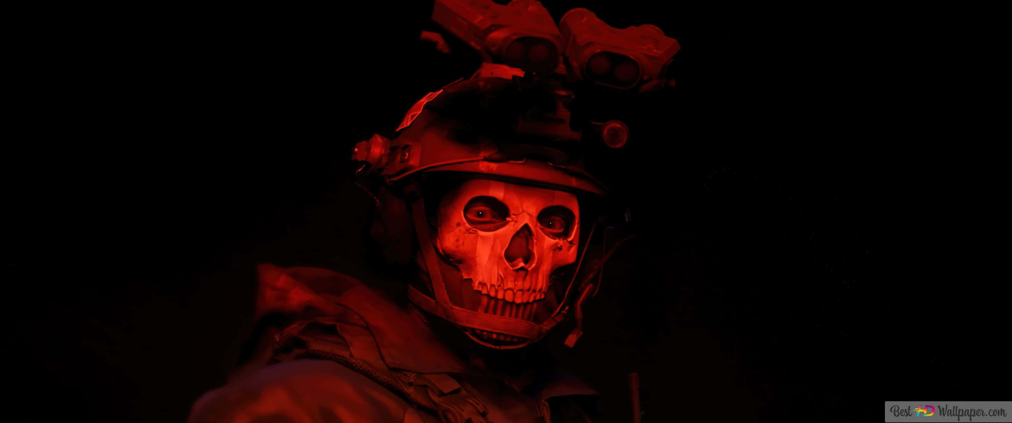 Call Of Duty Mw 桌布 壁紙 — 一名身穿戰術裝備的士兵，戴著骷髏面具，在黑色背景下被詭異的紅光照亮。