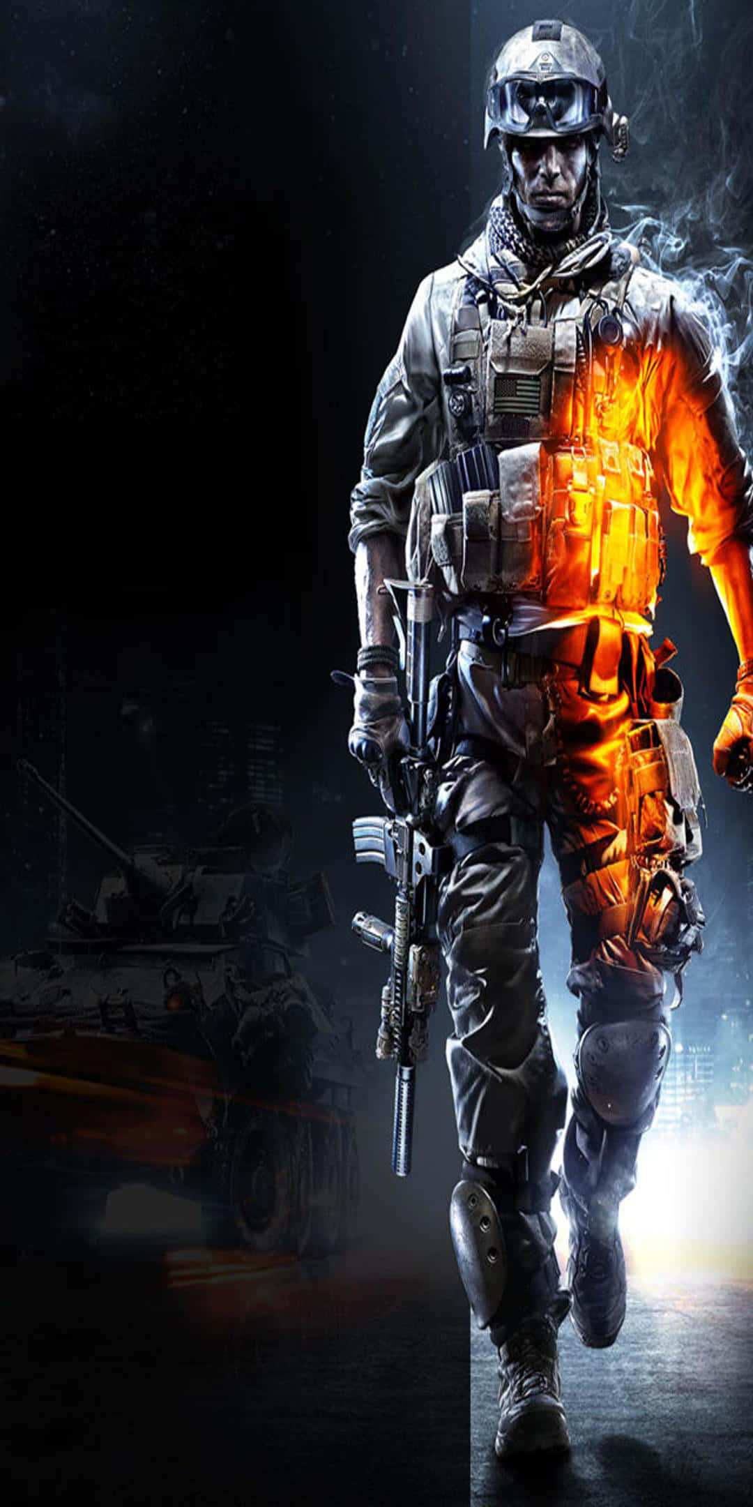 Pixel 3 Battlefield 3 桌布 壁紙 — 一名身穿戰術裝備的士兵向前邁進，他的軀幹被發光的橙色光環籠罩，背景是黑暗的戰場。