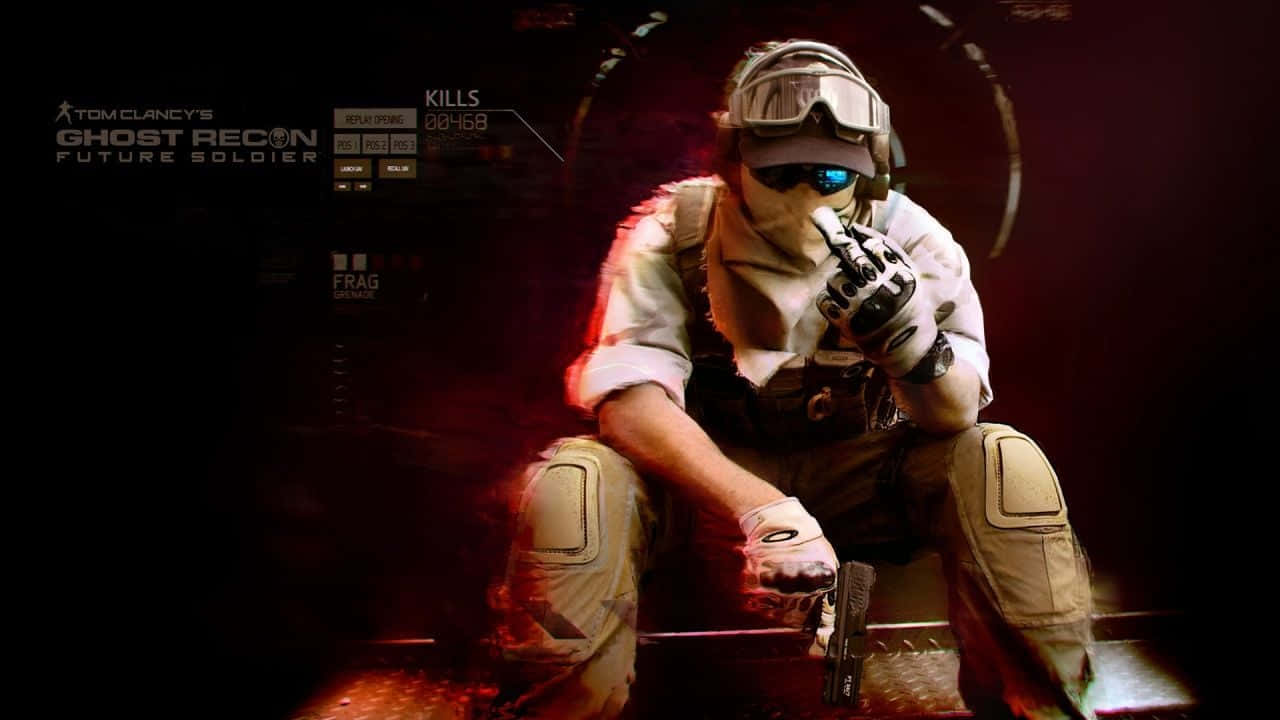 電玩遊戲 桌布 壁紙 — 一名身穿戰術裝備的士兵在《Ghost Recon Future Soldier》的暗紅色燈光遊戲場景中蹲下，手持手槍。