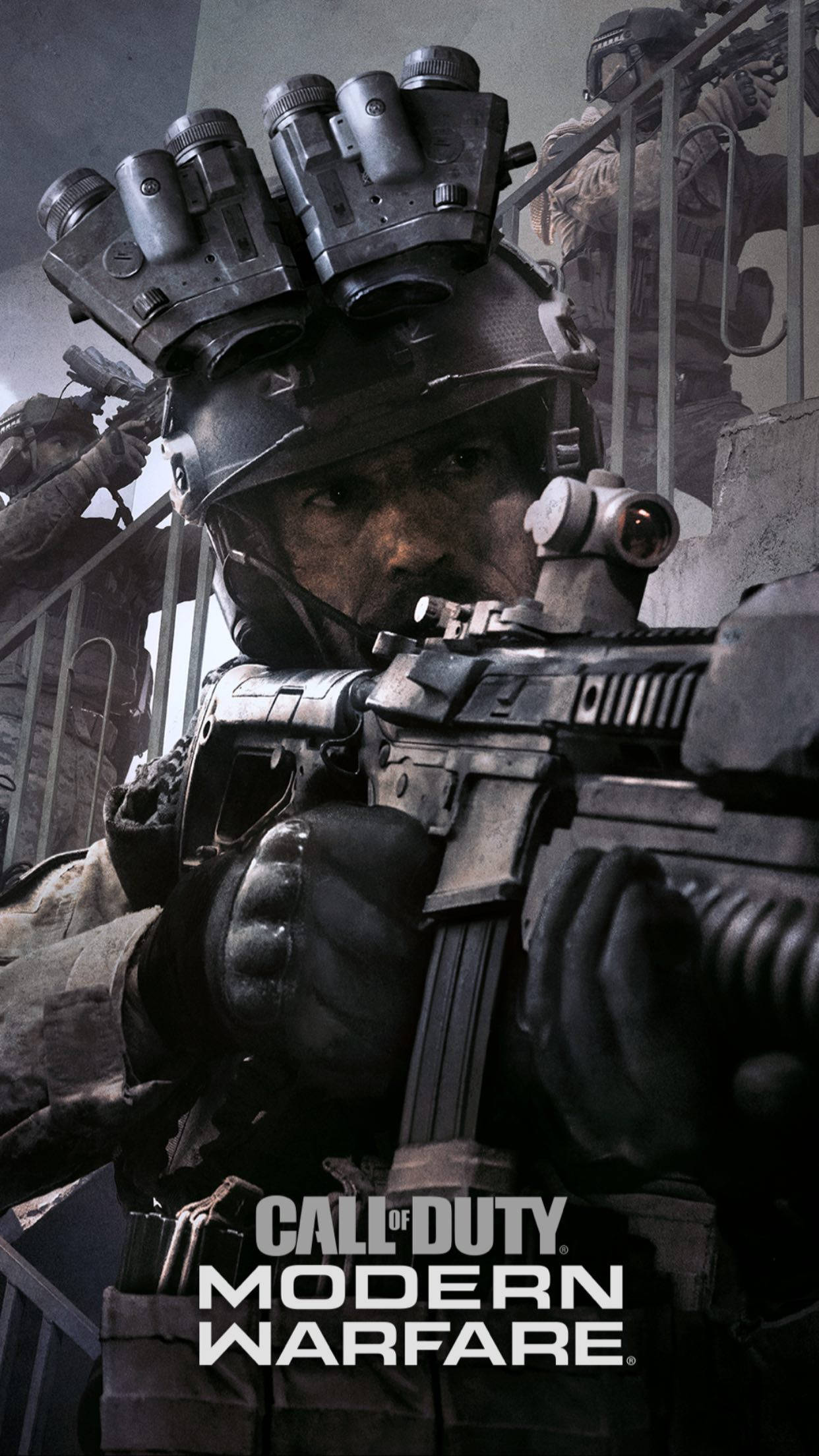 Call Of Duty Modern Warfare iPhone 桌布 壁紙 — 一名身穿戰術裝備的士兵在 gritty 的城市戰鬥場景中，以強烈的專注力瞄準步槍。