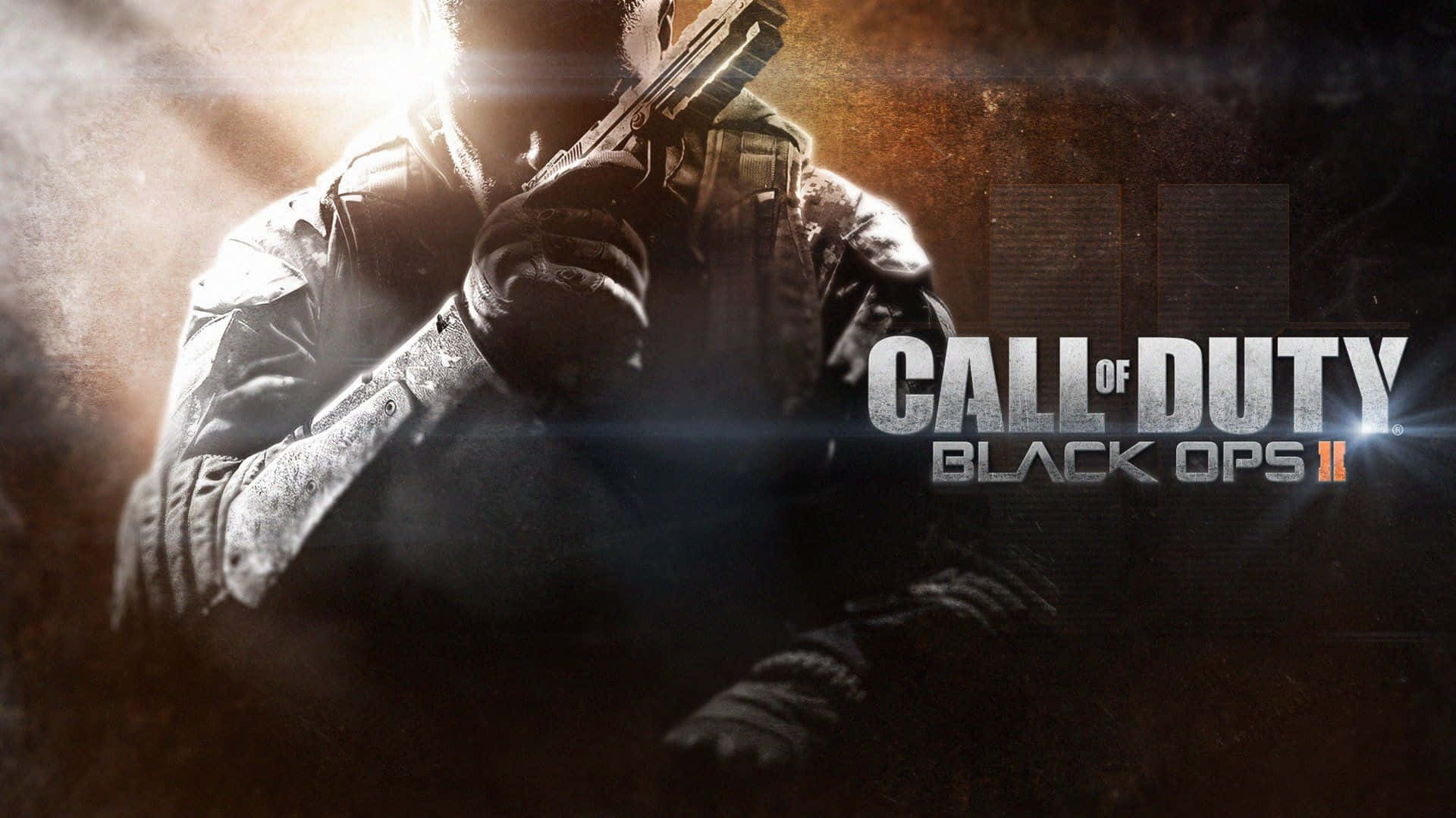 Call Of Duty Black Ops 桌布 壁紙 — 一名身穿戰術裝備的士兵在Call of Duty Black Ops II宣傳圖片中，以強烈背光和粗糙質感瞄準手槍。