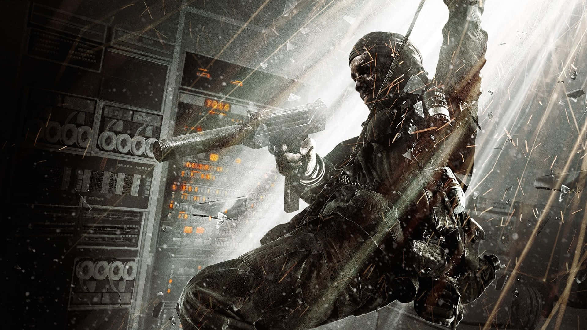 1920x1080 Call Of Duty Black Ops Cold War 桌布 壁紙 — 一名身穿戰術裝備的士兵在一個高科技設施中，於破碎的玻璃和碎片中開火。