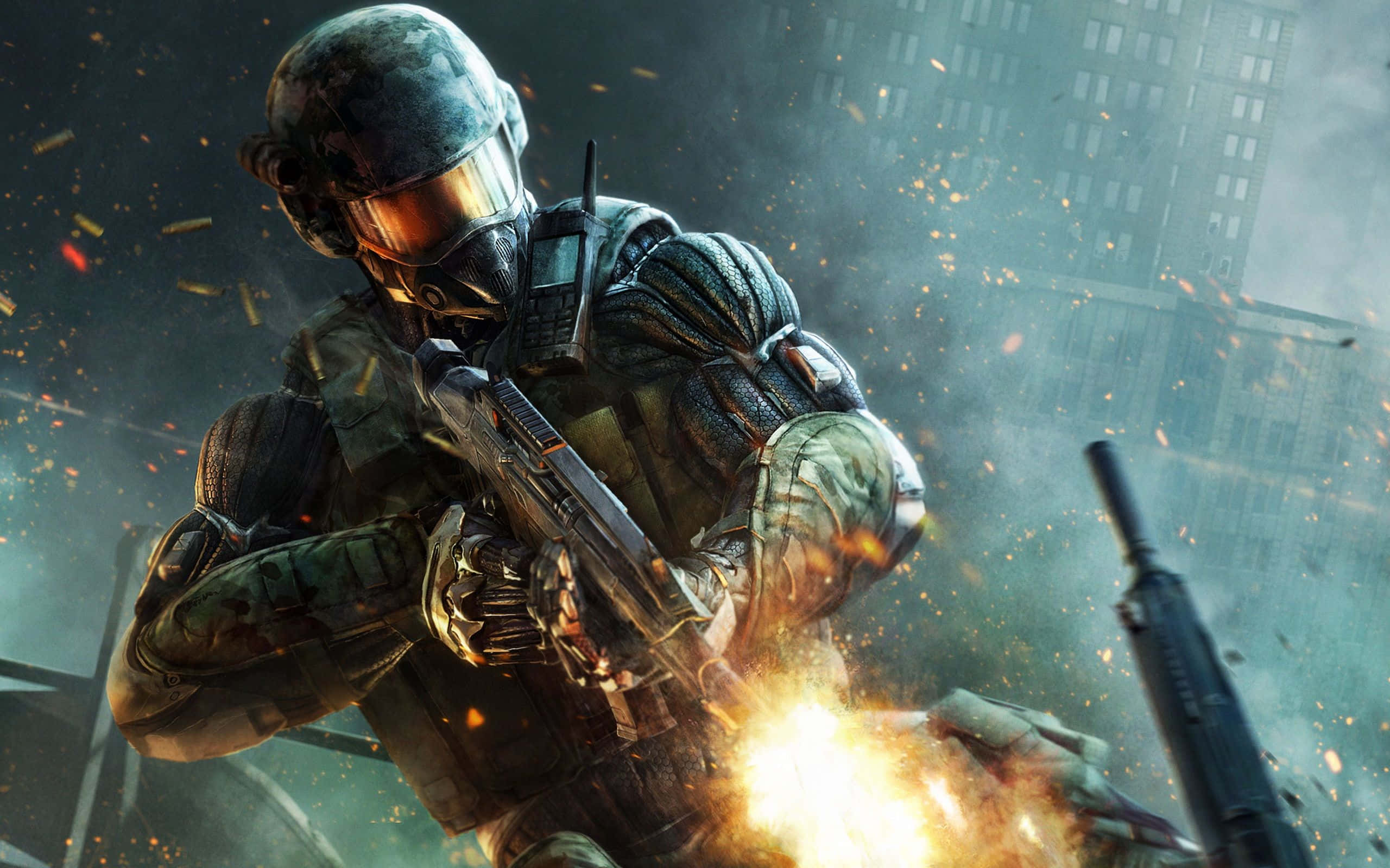 Action Games 桌布 壁紙 — 一名身穿戰術裝備的士兵在充滿爆炸火花的惡劣城市戰場上開火。