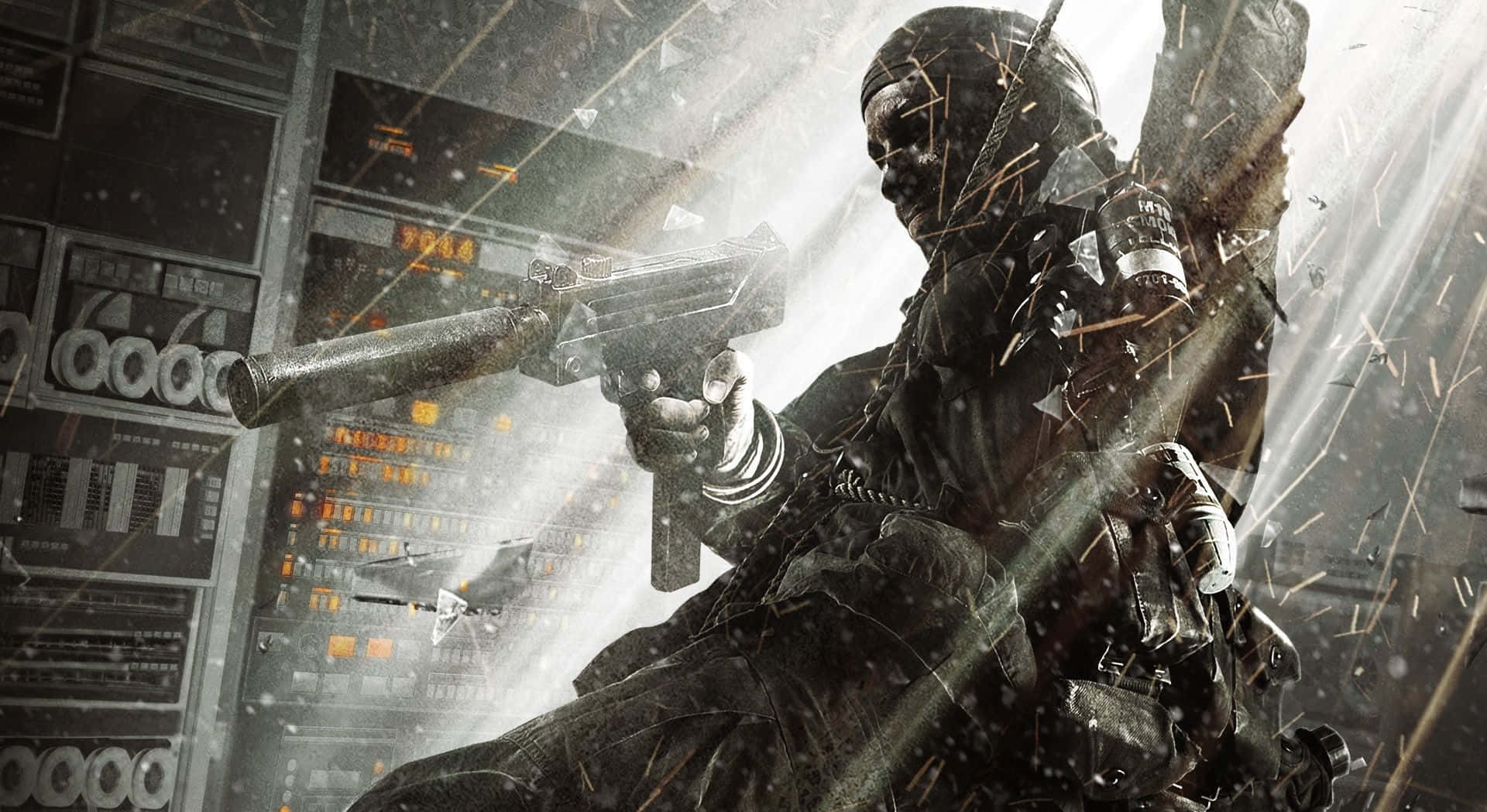 Call Of Duty Soldiers 桌布 壁紙 — 一名身穿戰術裝備的士兵在充滿碎片和火花的高科技控制室中發射衝鋒槍。