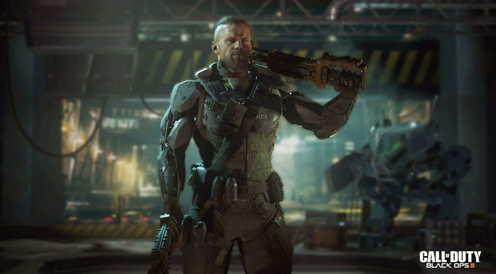 Call Of Duty Black Ops 桌布 壁紙 — 一名身穿戰術裝備的士兵在光線昏暗的工業設施中手持重型武器，周圍有發光的機械。