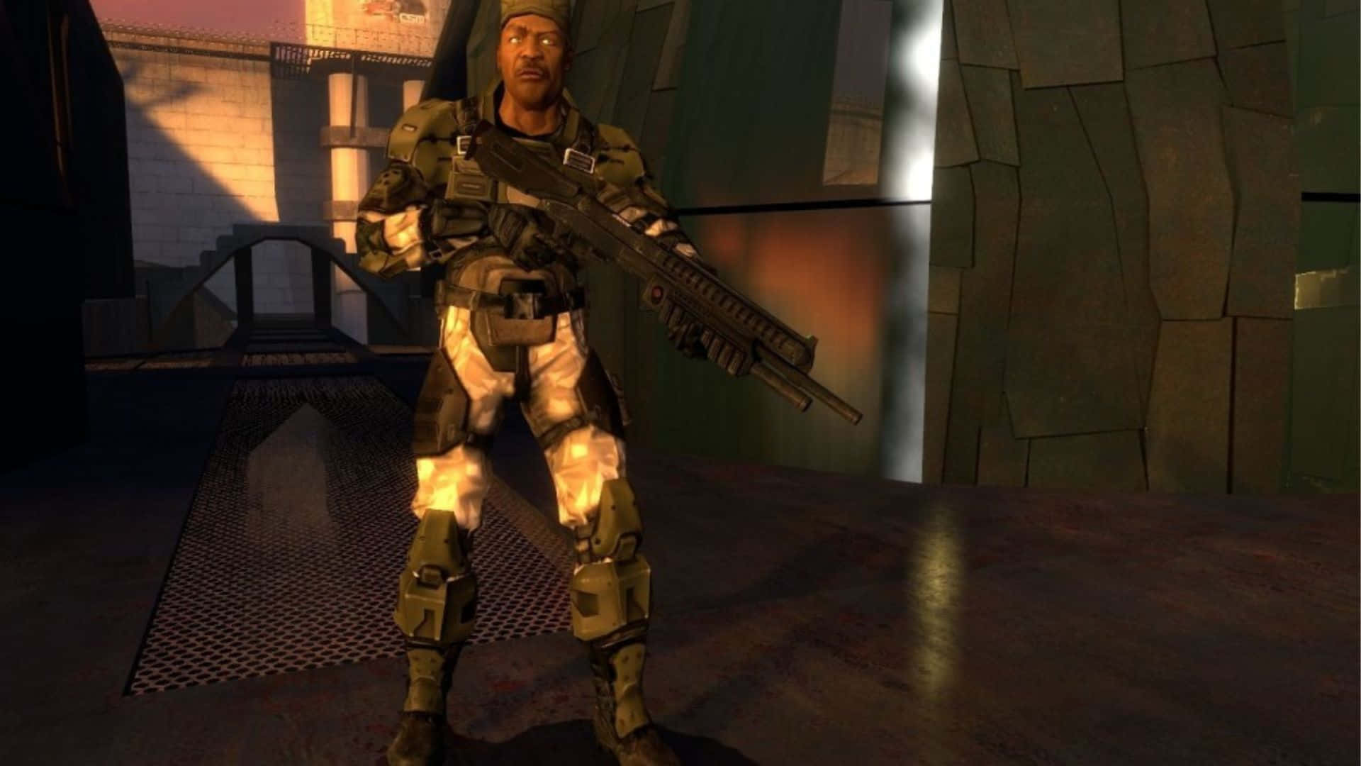 Sergeant Johnson 桌布 壁紙 — 一名身穿戰術裝備的士兵在光線昏暗、帶有溫暖環境照明的工業走廊中警覺地持步槍戒備。