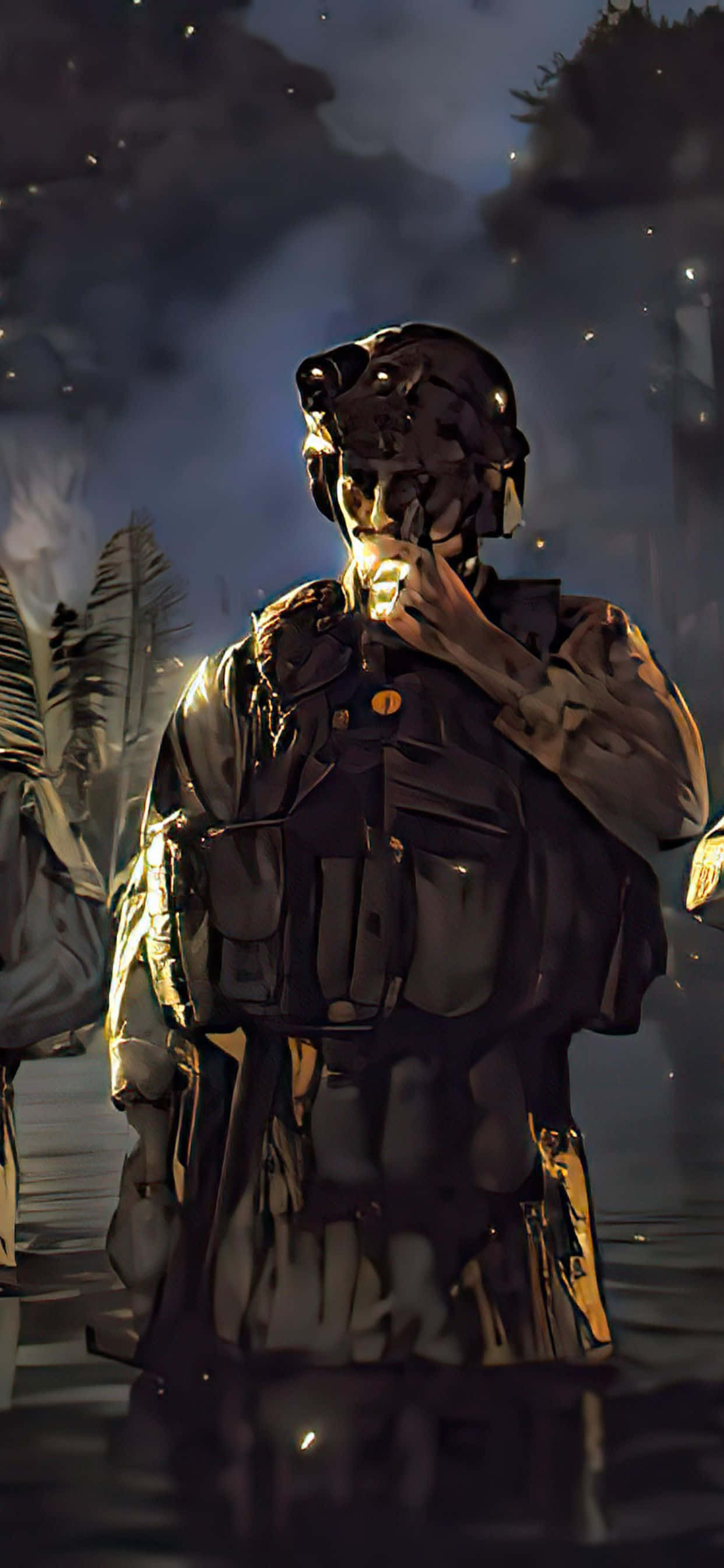 iPhone Xs Max Death Stranding 桌布 壁紙 — 一名身穿戰術裝備的士兵在夜晚煙霧瀰漫的戰場上，手持發光物體靠近臉部。
