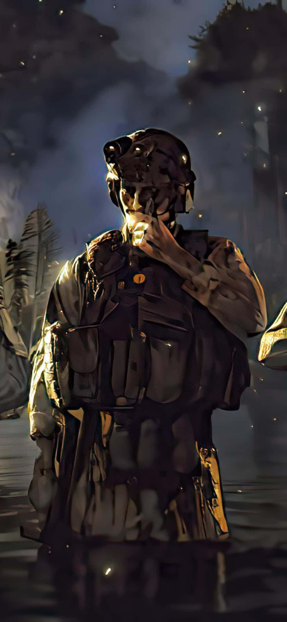 iPhone Xs Death Stranding 桌布 壁紙 — 一名身穿戰術裝備的士兵在夜晚煙霧瀰漫的戰場上手持發光物體。
