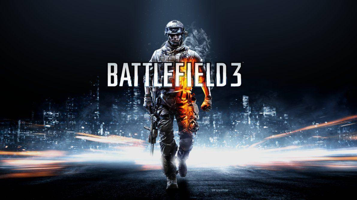 Battlefield 3 桌布 壁紙 — 一名身穿戰術裝備的士兵在夜間穿過霓虹燈照亮的城市景觀，帶有動態模糊條紋和發光文字，寫著 Battlefield 3。