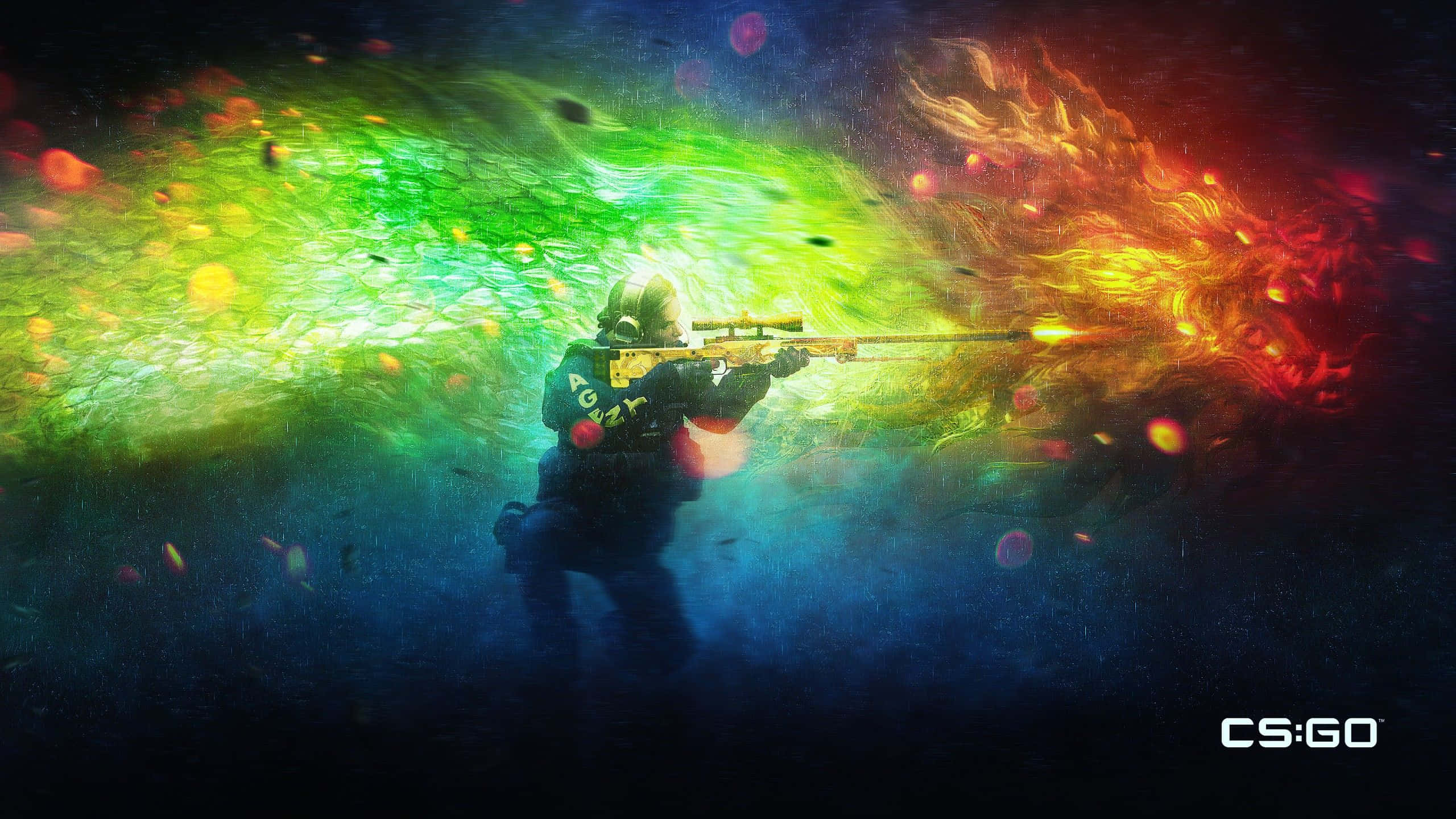 Cs 桌布 壁紙 — 一名身穿戰術裝備的士兵在宇宙場景中開火，周圍爆發著鮮綠色和火橙色的能量爆炸。