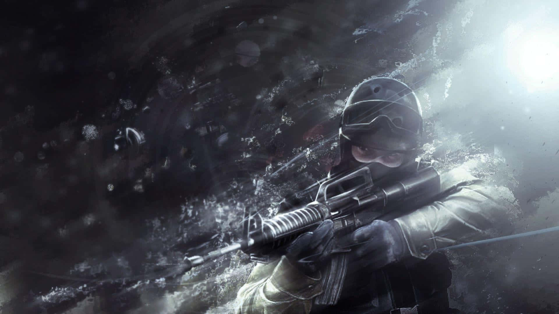Counterstrike 桌布 壁紙 — 一名身穿戰術裝備的士兵在強光下穿過旋轉的煙霧和碎片瞄準步槍。