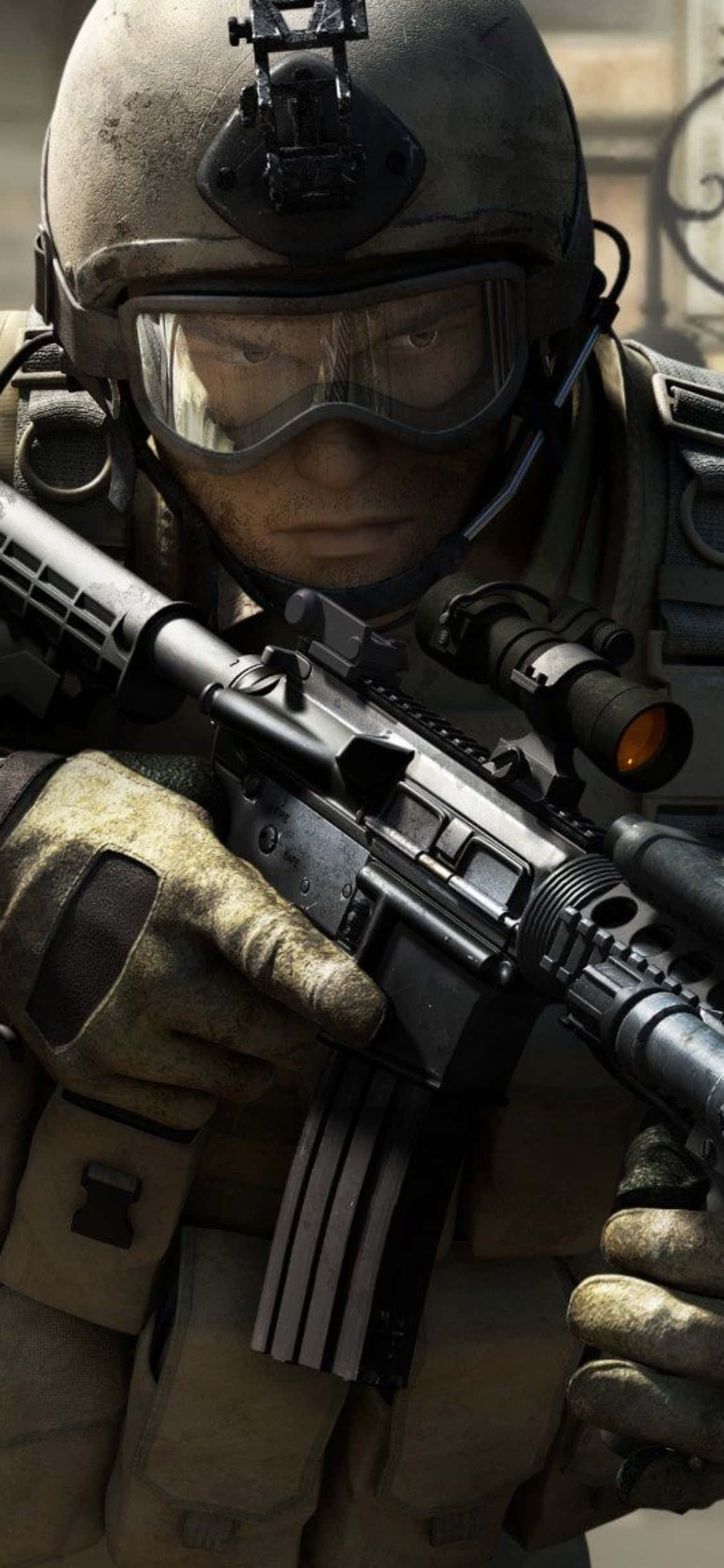 iPhone Xs Counter-strike Global Offensive 桌布 壁紙 — 一名身穿戰術裝備的士兵在強烈燈光下專注地瞄準步槍。